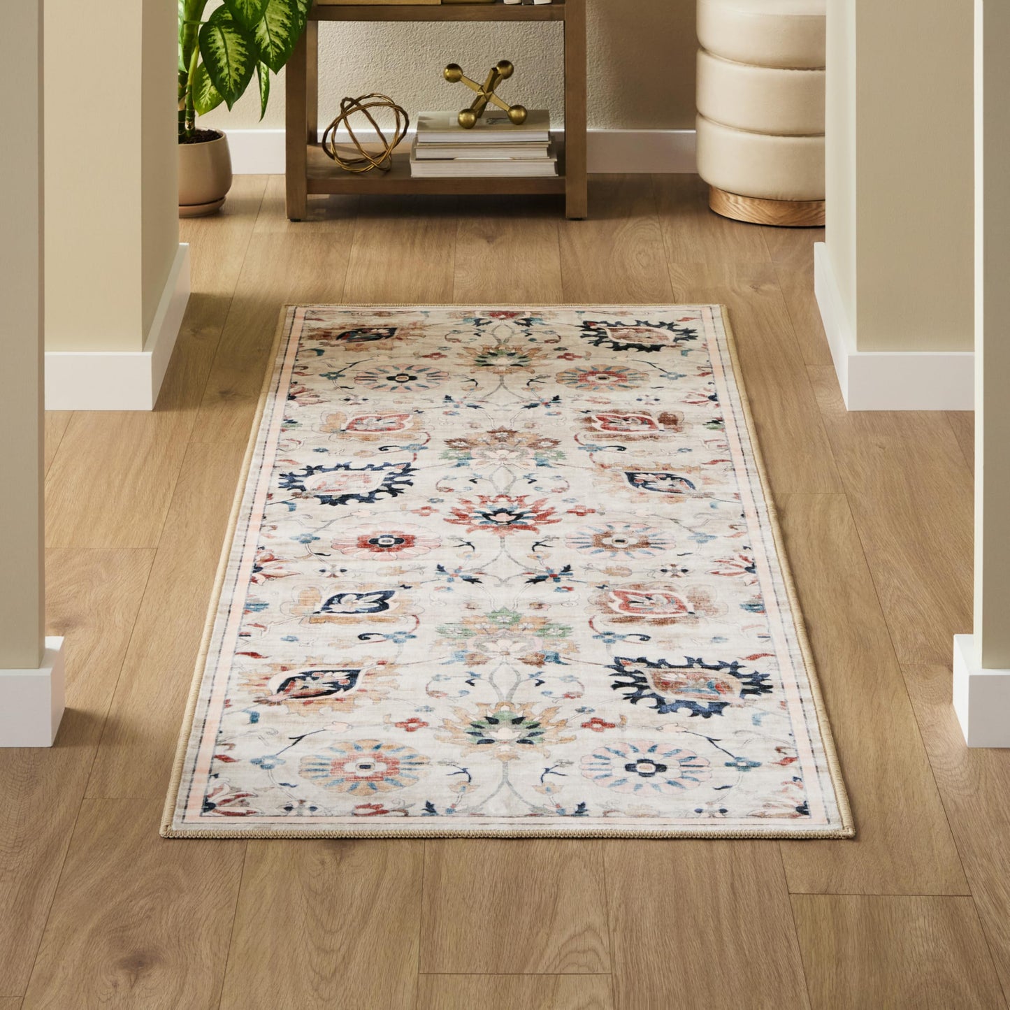 EVERWASH Haven Damask Floral Machine Washable Area Rug with Airflo Technology for Easy Clean, Ultra-Soft Non-Slip Rug with Built-in Pad, Pet, Family & Allergy Friendly Rug, Beige Multi, 2'6"x7'