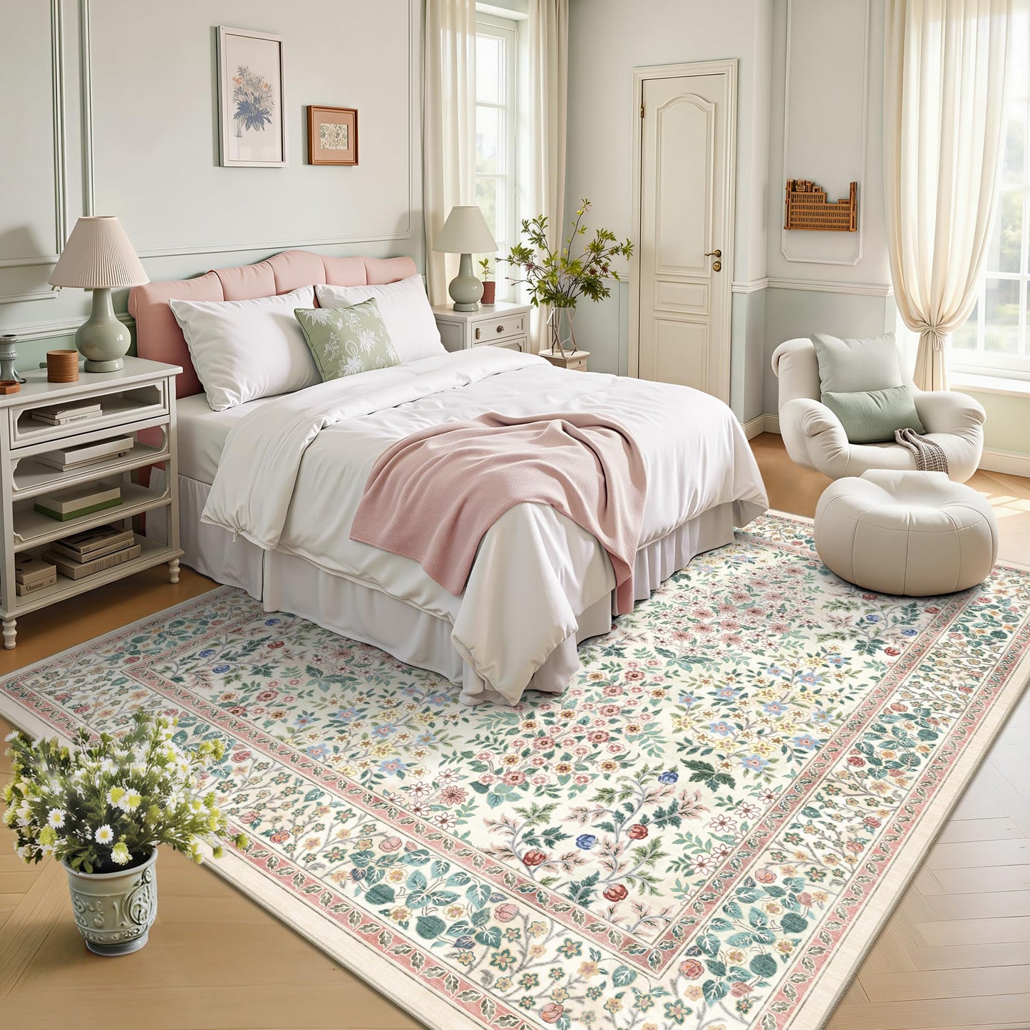 Yarooge 6x6 Square Area Rugs, Machine Washable Low Pile Floral Rugs for Living Room, Bedroom, Large Boho Area Rug with Non-Slip Backing for Dining Room(Pink Floral)