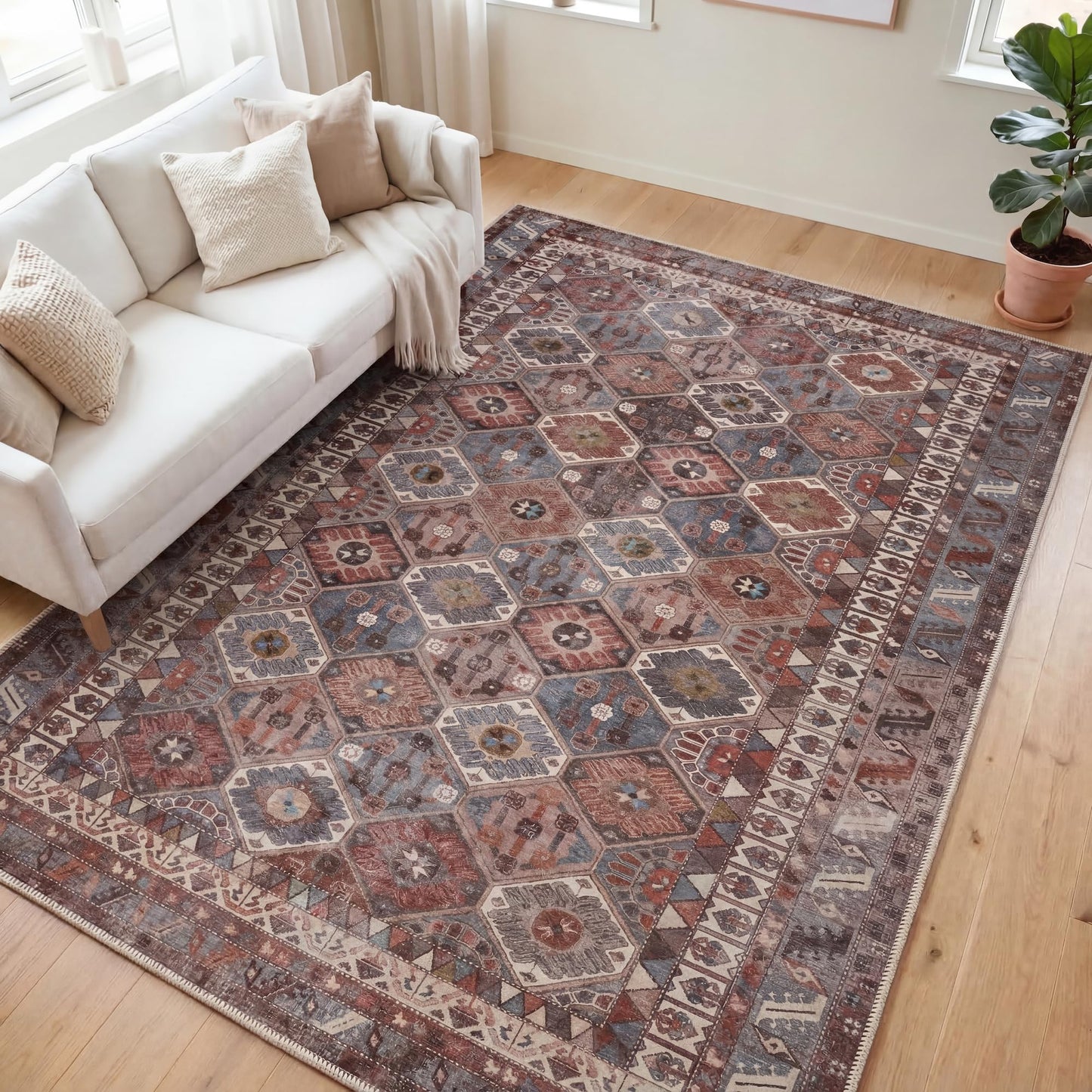 Kuden 6x9 Area Rug, Machine Washable Area Rug with Non-Slip Backing, Vintage Style, Soft, Easy Clean, Low Pile Rug for Living Room, Bedroom, Dining Room