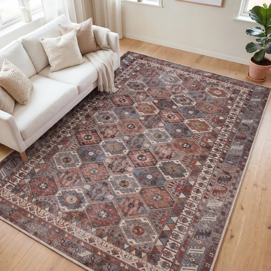 Kuden 6x9 Area Rug, Machine Washable Area Rug with Non-Slip Backing, Vintage Style, Soft, Easy Clean, Low Pile Rug for Living Room, Bedroom, Dining Room