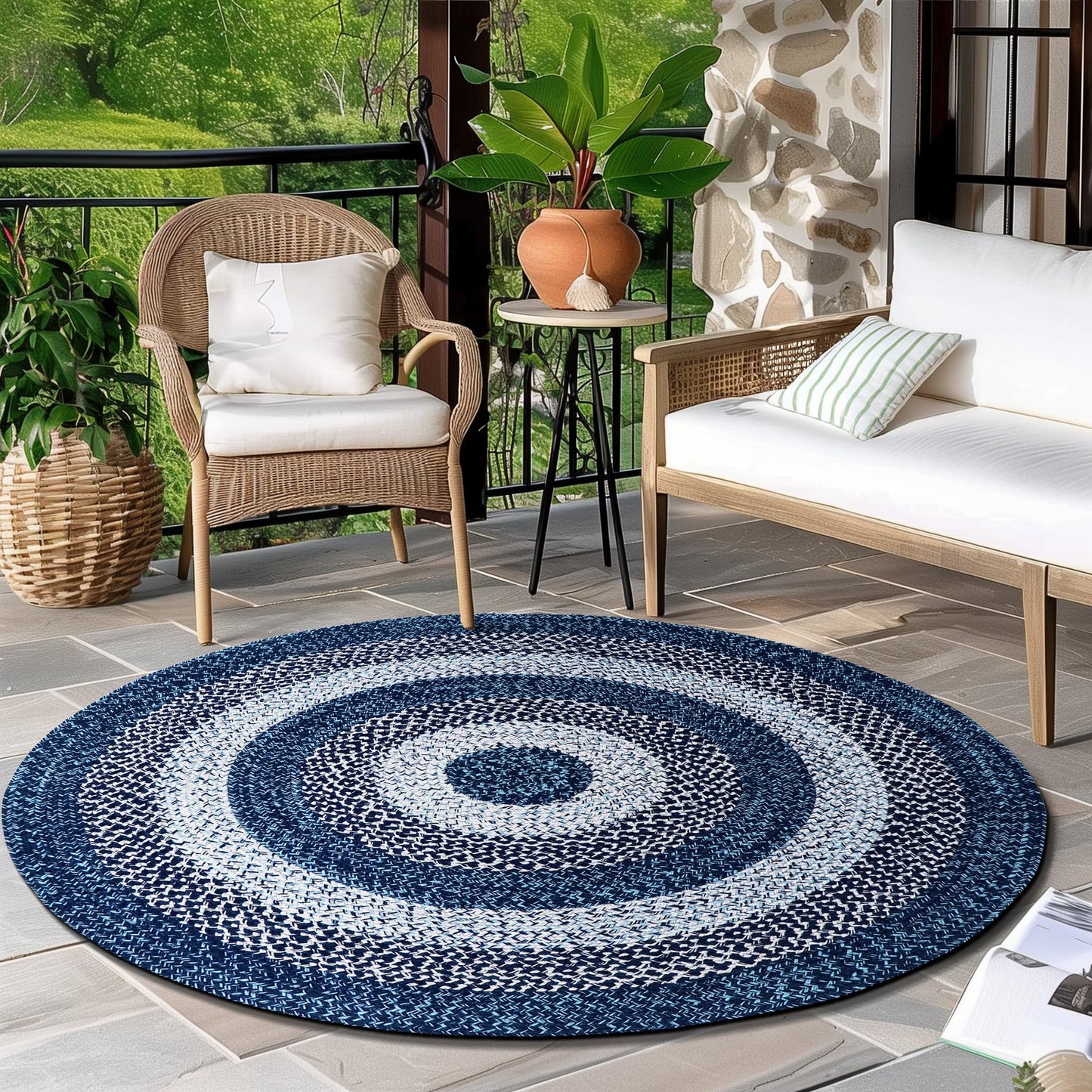 Super Area Rugs Rustic Aqua Blue/White/Black Braided Rug for Dining Room Table, Washable Outdoor Rug for Patio/Porch 4' Round