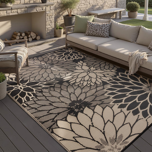 HUGEAR 5'x8' Outdoor Rug Waterproof Plastic Straw Rugs Brown Reversible Floral Mat Floor Carpet for Camping RV Deck Entryance Porch Picnic Balcony Beach Backyard
