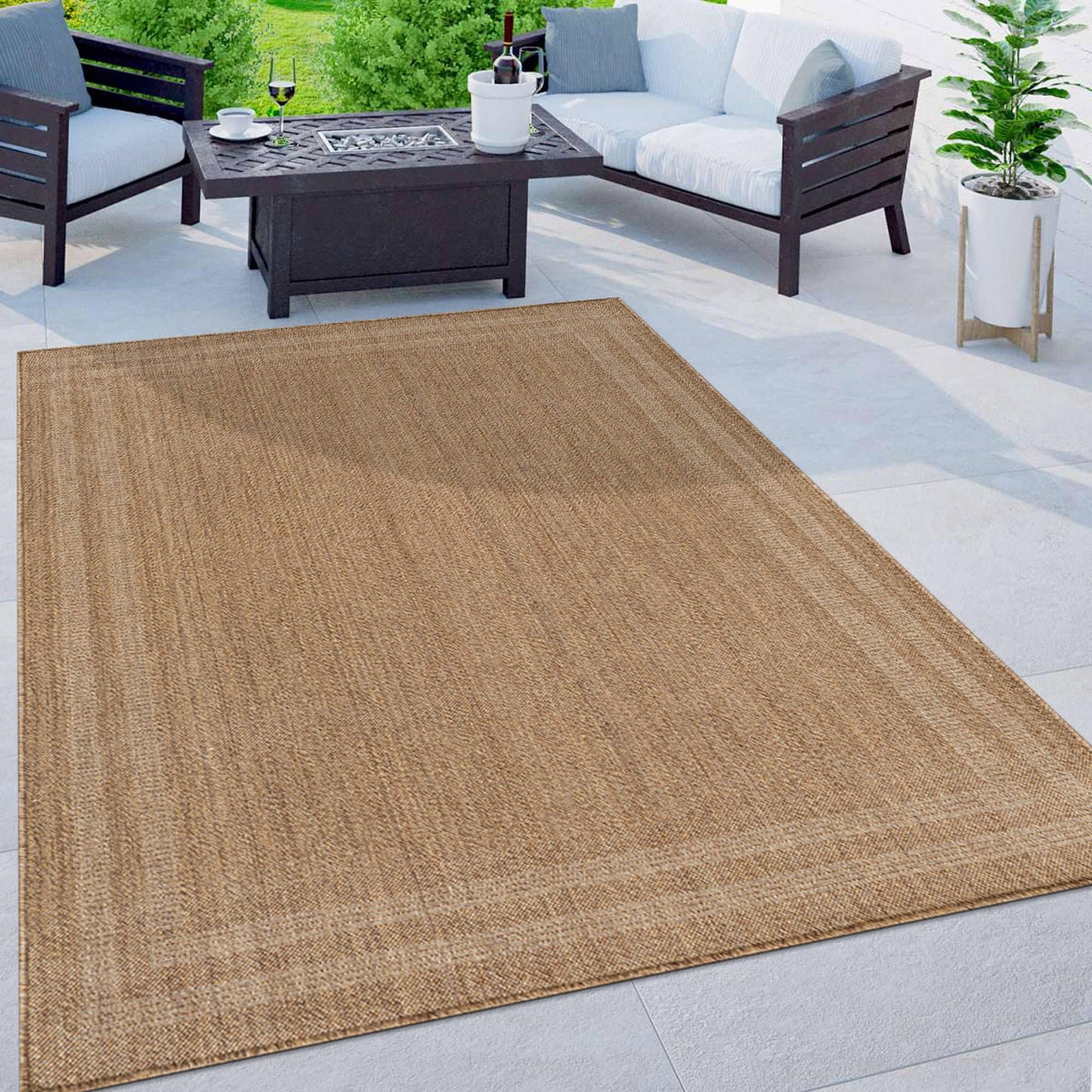 Rugshop Border Stripe Indoor Outdoor Flat Woven Area Rug,Natural Jute-Style,Easy-Care Patio Rug for Backyard Porch Deck Balcony, 5' x 7' Sand/Natural