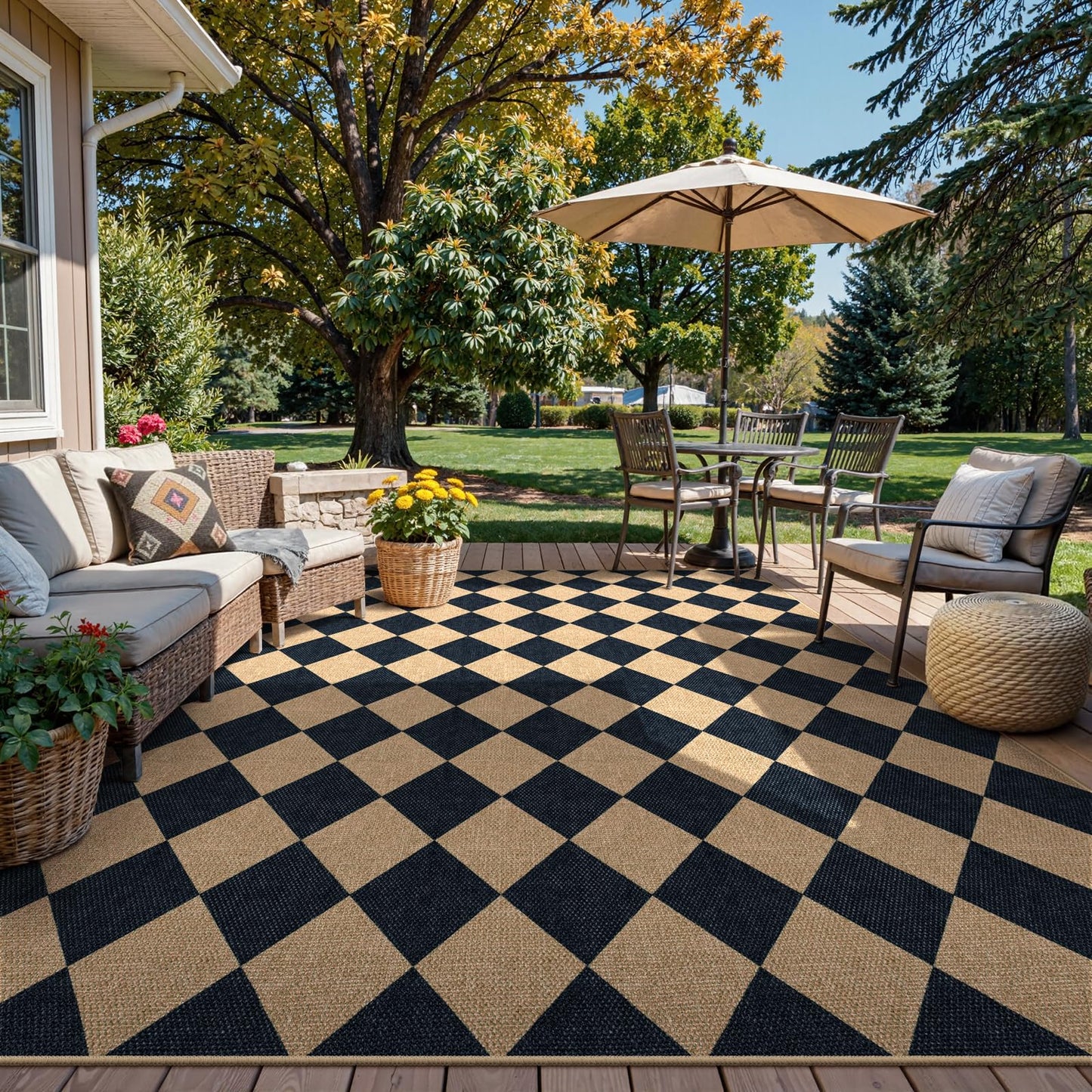 Lanffia Checkered Easy Jute Washable Rugs 8x10, Black Living Room Rug for Dining Room Diamond Indoor Outdoor Carpet, Large Non Slip Low Pile Farmhouse Checkerboard Rug for Classroom Patio