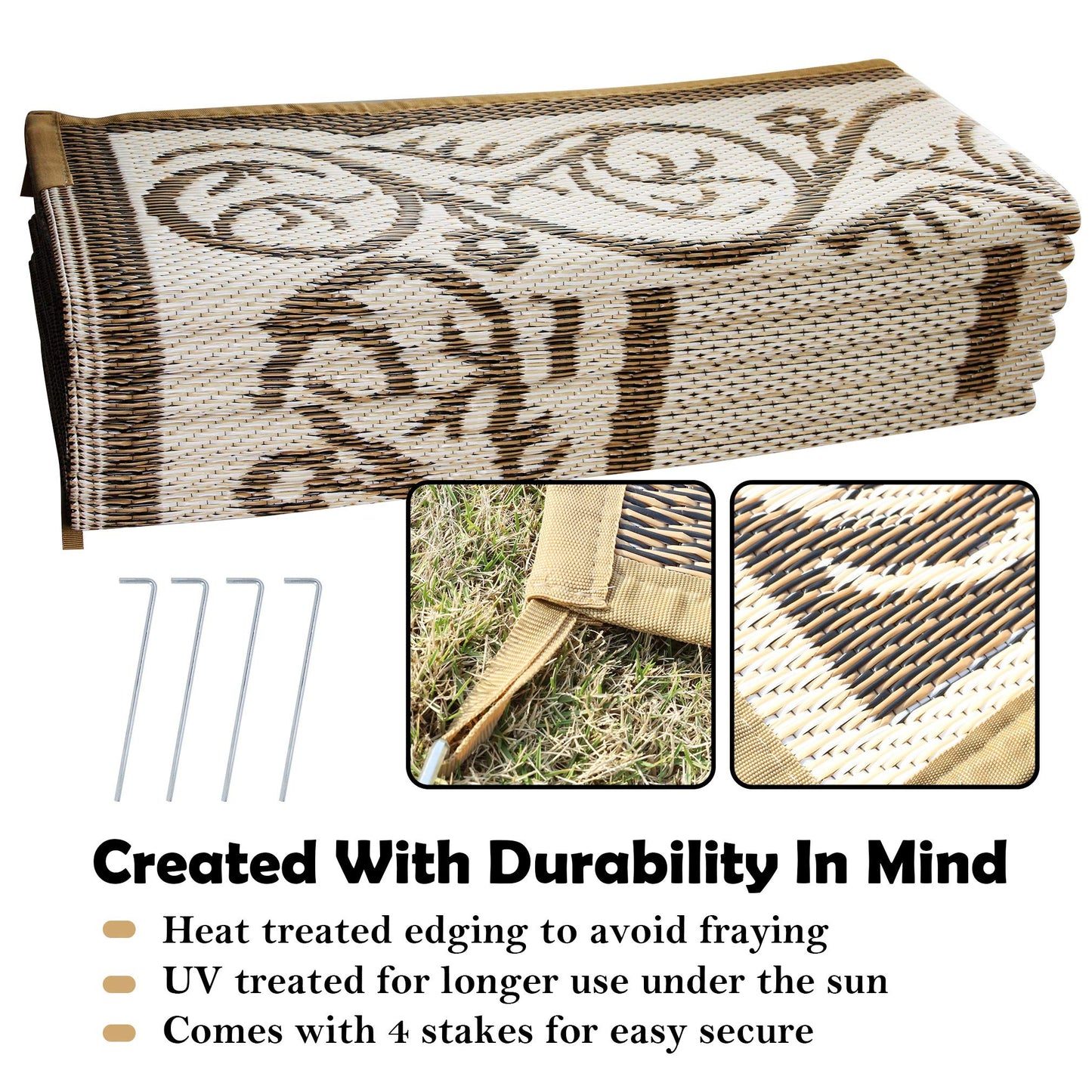 SAND MINE Reversible Mats, Plastic Straw Rug, Modern Area Rug, Large Floor Mat and Rug for Outdoors, RV, Patio, Backyard, Deck, Picnic, Beach, Trailer, Camping (9' x 12', Brown & White)
