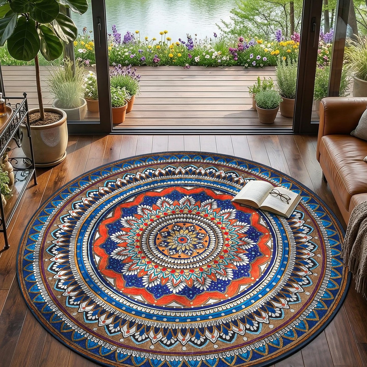 jinchan Mandala Round Rug 6ft Blue Rustic Boho Washable Rug Tribal 6' Round Vintage Peaceful Circle Rug Soft Non Slip Low-Profile Carpet for Living Room Bedroom Dining Room Patio, Saffron Blue