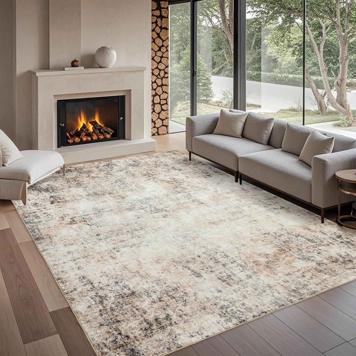 Washable Abstract Living Room Rugs: 8x10 Modern Neutral Indoor Rug for Bedroom Dining Room - Soft Thin Rubber Backing Easy Clean Floor Carpet Contemporary Home Decor - Beige Brown