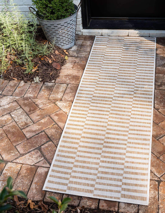 Unique Loom Outdoor Striped Collection Area Rug - Striped (2' x 6' 1" Runner, Taupe/Ivory)