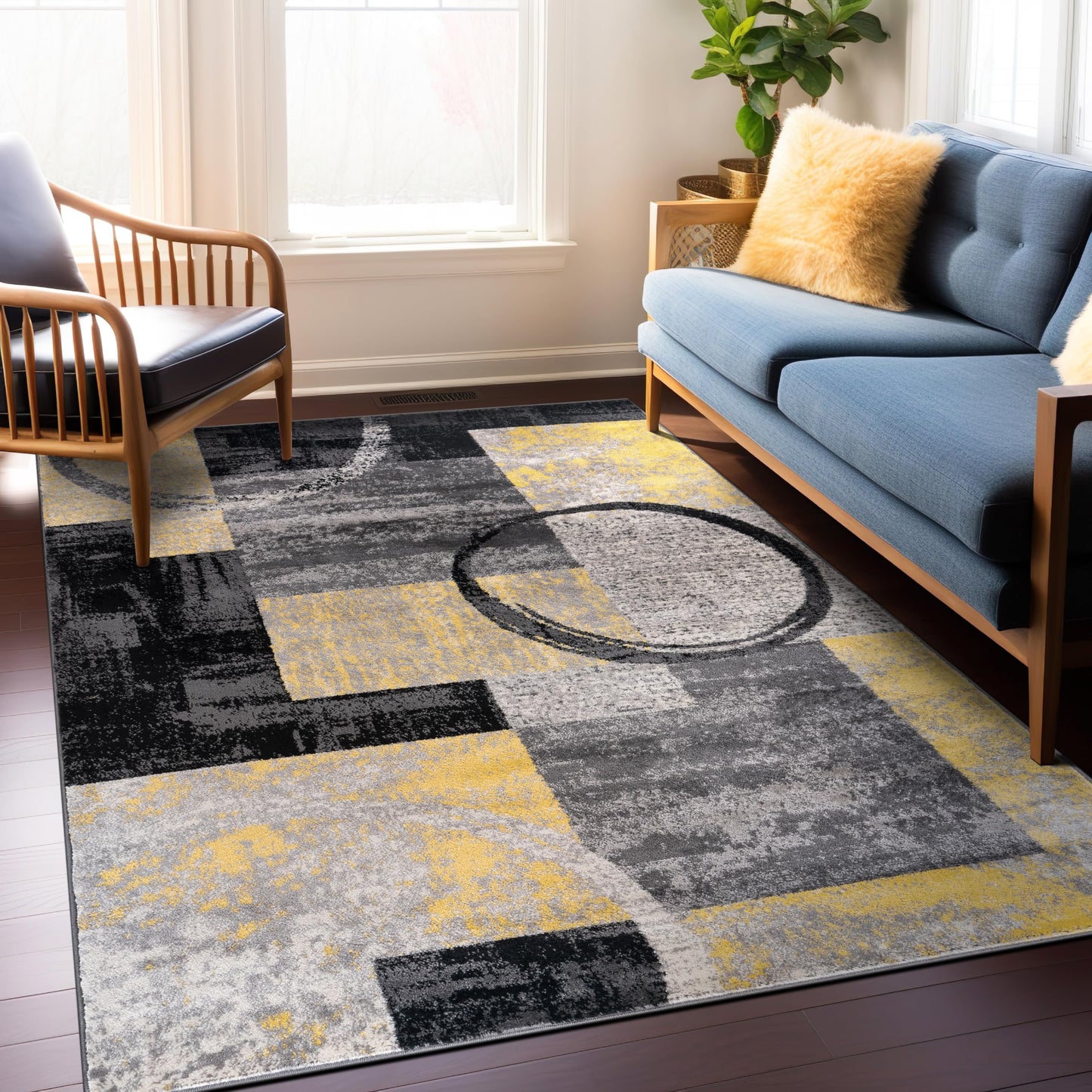 Rugshop Contemporary Circle Design Area Rug, Carpet with Jute Backing for Living Room, Bedroom, or Dining Room, Yellow, 5'3" x 7'3"