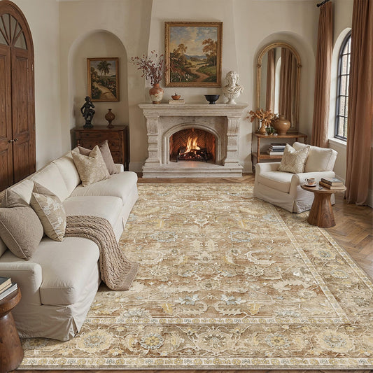 Berthmeer 8x10 Area Rugs for Living Room, Ultra Soft Washable Non-Slip Rug for Bedroom Low-Pile Vintage Distressed Floral Print Accent Carpet for Dining Room Home Decor Office Beige Brown