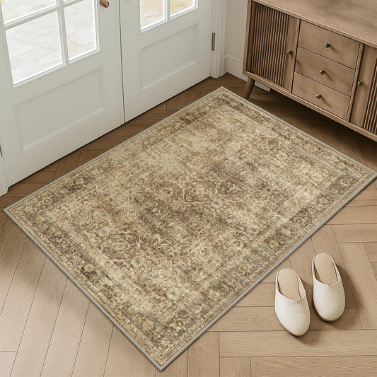 FMFUNCTEX Entryway Rug 2x3 Washable Brown Vintage Distressed Door Mat Non Slip Low Pile Indoor Carpet Soft Retro Floral Small Throw Area Rugs for Entry Way Entrance Bedroom Kitchen Bathroom Laundry