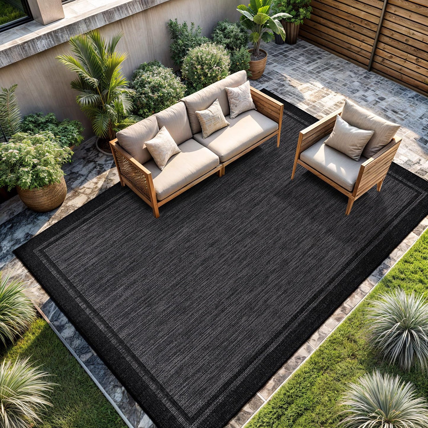 CAMILSON Indoor Outdoor Rug, 8x10 Bordered Dark Gray Black Modern Area Rugs for Indoor and Outdoor Patios, Kitchen and Hallway Mats, Washable Porch Deck Outside Carpet (Bordered Black, 8 x 10)