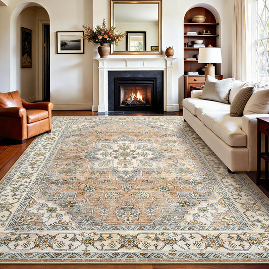 Keeko 9'x11' Vintage Area Rug for Living Room, Soft Washable Floral Carpet with Non-Slip Backing, Low-Pile Non-Shedding Farmhouse Rugs for Bedroom, Kitchen, Dining Room & Home Office