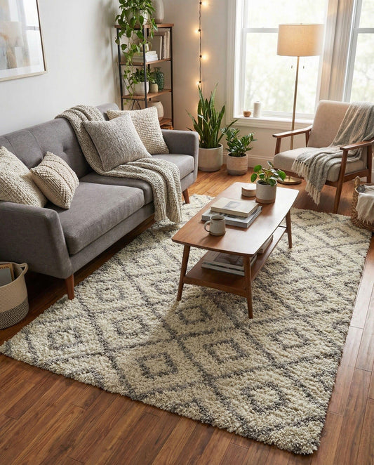 Rugs.com Lattice Shag Collection Rug – 5x8 Ivory Shag-Pile Rug Perfect for Bedrooms, Dining Rooms, Living Rooms