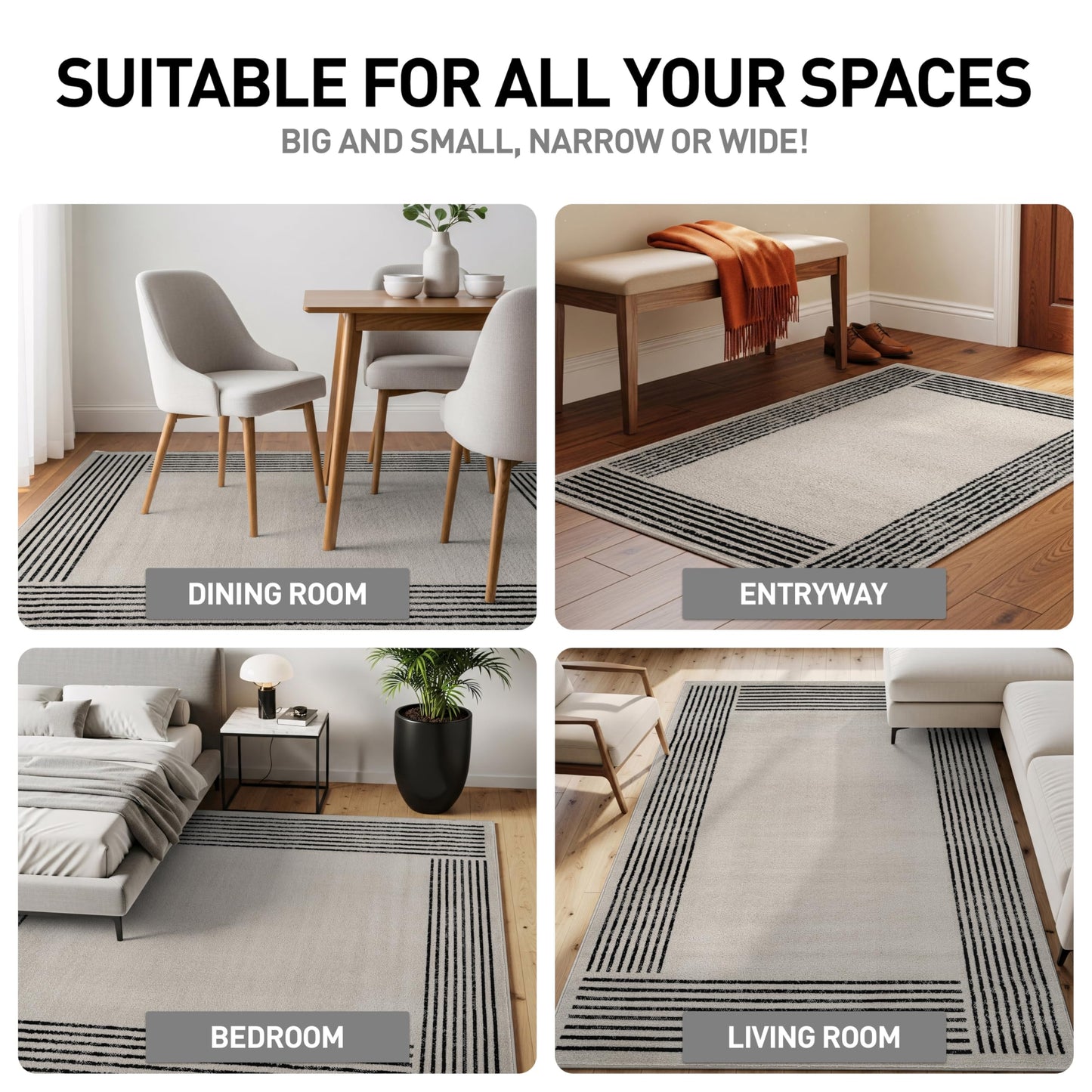 Rugshop Modern Minimal Bordered Indoor Area Rug for Entryway,Bedroom,Kitchen Rug Low Pile Rug with Jute Backing 4' x 6' Cream