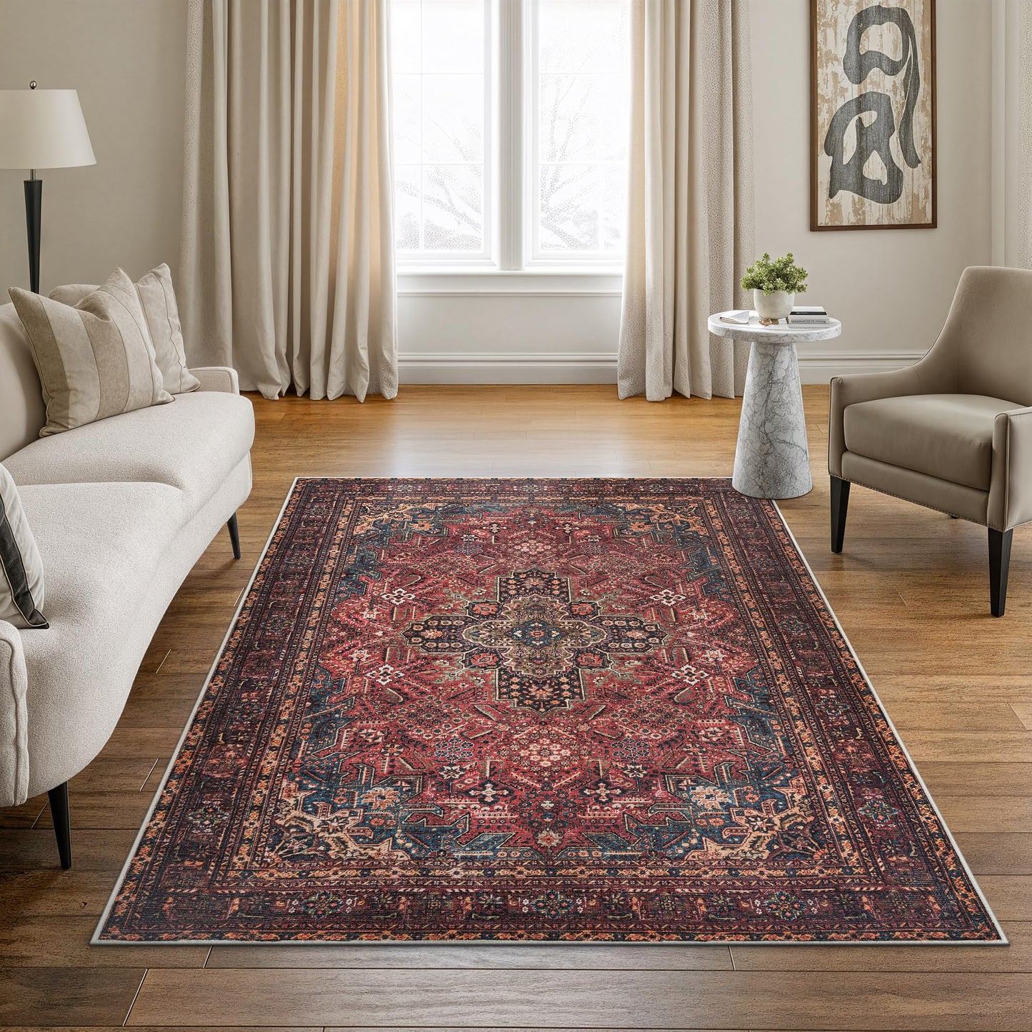 Bloom Rugs Washable Non-Slip 4' x 6' Rug - Red/Teal Blue/Yellow Traditional Medallion Area Rug for Living Room, Bedroom, Dining Room, and Kitchen - Exact Size: 4' x 6'