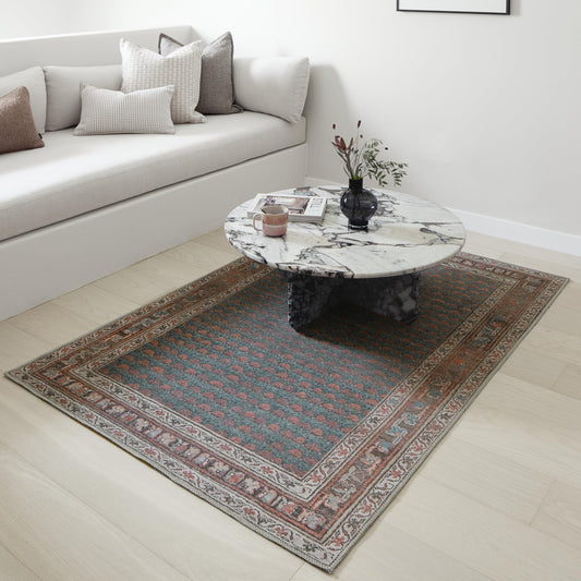 KNOTTING MATTERS Knot Again 4’ x 6’ Area Rug – Clay & Mineral Blue Heritage Flatweave, Low-Pile – Easy Clean Accent Rug – Perfect for Entryway, Hallway, Kitchen, Bedroom – Pet & Kid Friendly