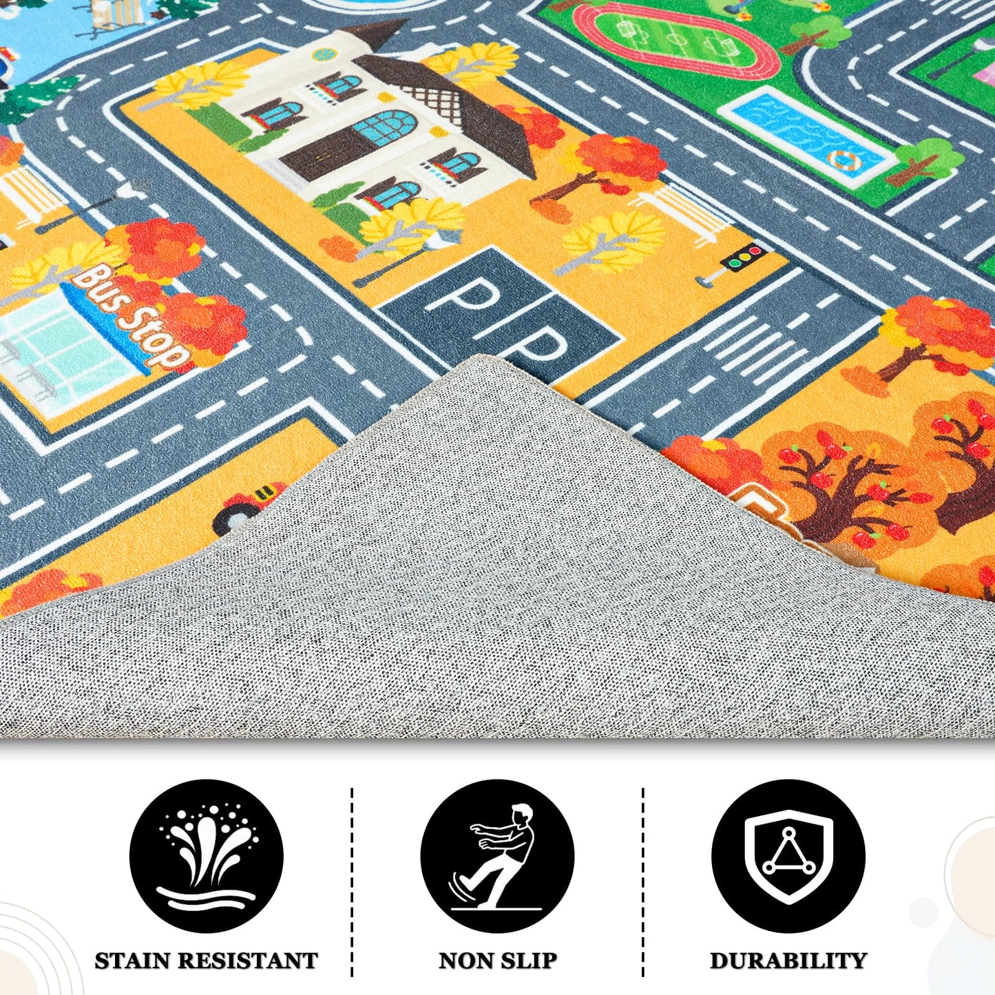 Car Rug Play Mat for Kids Toy Cars, 5' x 7' Town City Track Road Carpet, Non-Slip Machine Washable Town City Track Road Rugs Four Seasons Theme Traffic Mat for Kids Room Bedroom Game Safe Area