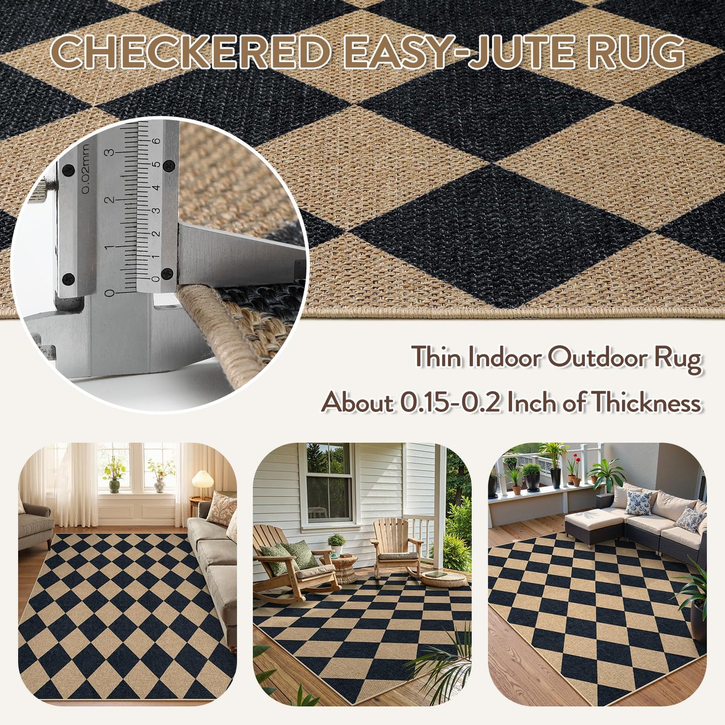 Lahome Checkered Easy Jute 5x7 Area Rugs, Washable Outdoor Patio Rug for Living Room Diamond Indoor Outdoor Carpet, Farmhouse Geometric Non Slip Black Carpet for Backyard Dining Room