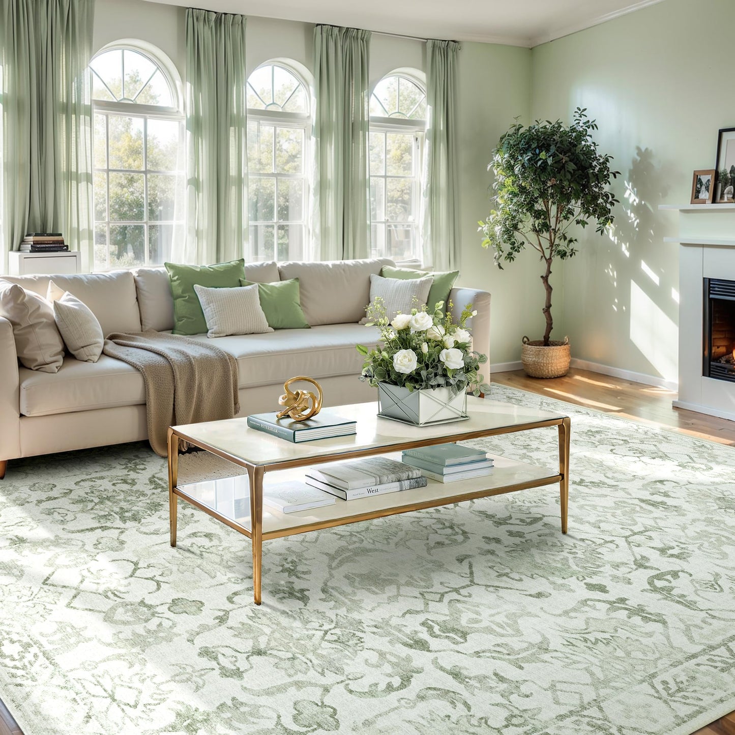 Deerly Sage Rugs 8x10 for Living Room Soft Non-Slip, Large Vintage Area Rug Retro Tribal Farmhouse Stain Resistant Carpet for Bedroom Dining Room Office Guest Room