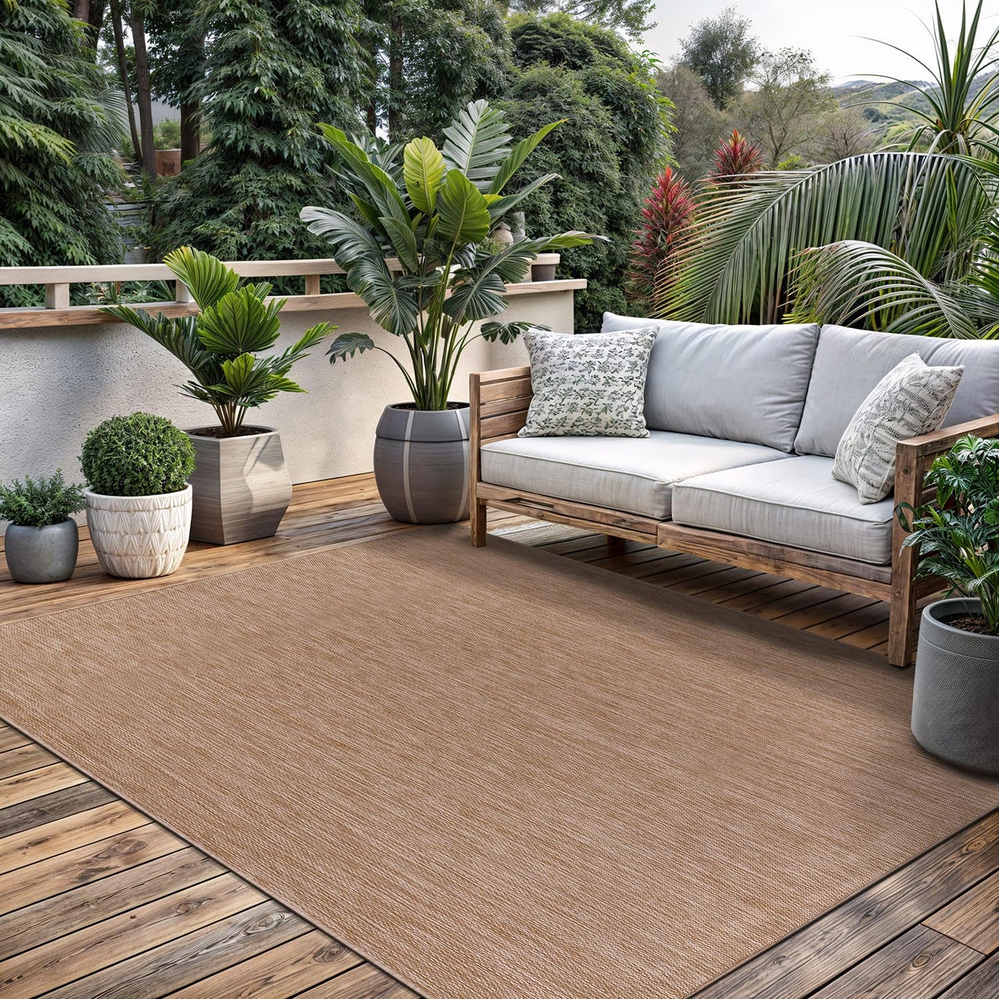 Washable Indoor Outdoor Rug 5x7 Weather Resistant Area Rugs Modern Solid Jute Rug for Porch Deck Balcony Backyard Patio Outside Carpet (5 X 7 Jute Beige)