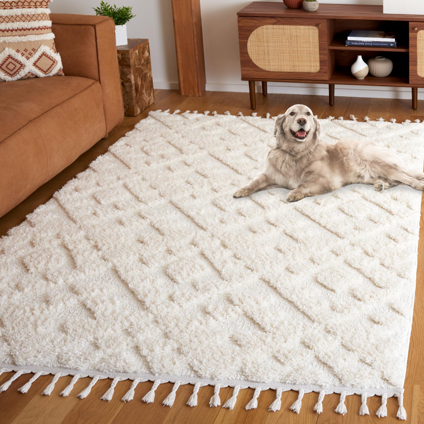 SAFAVIEH Area Rug 4x6 - Moroccan Tassel Shag Collection - Ivory, Non-Shedding & Easy to Clean, Plush High-Low Texture, Ideal for Living Room, Bedroom, Dining Space (MTS688C)