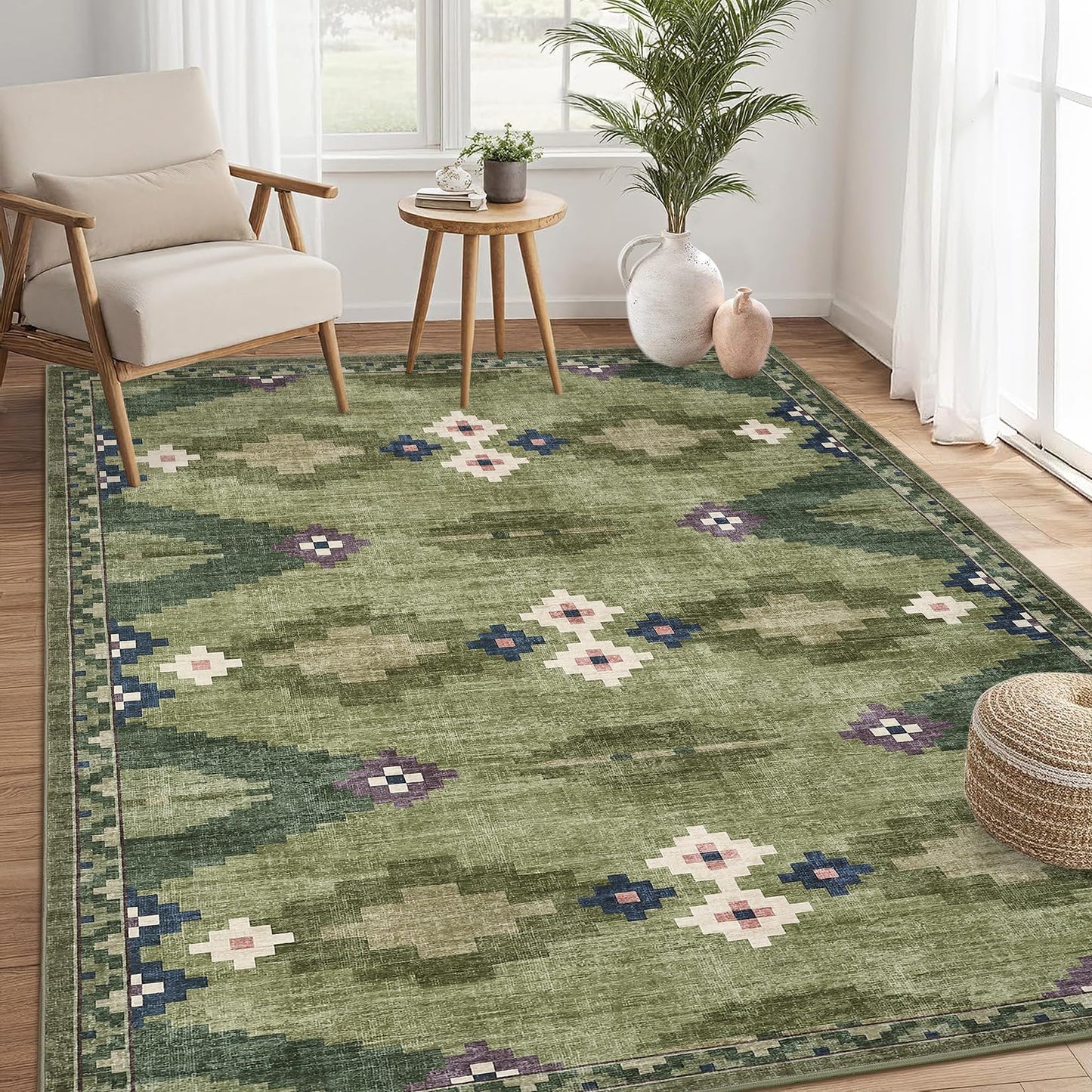 8x10 Washable Area Rug for Living Room Non Slip Modern Geometric Large Bedroom Rugs Stain Resistant Mid Century Dining Room Throw Carpet Soft Boho Tribe Area Rugs for Nursery Home Office, Green