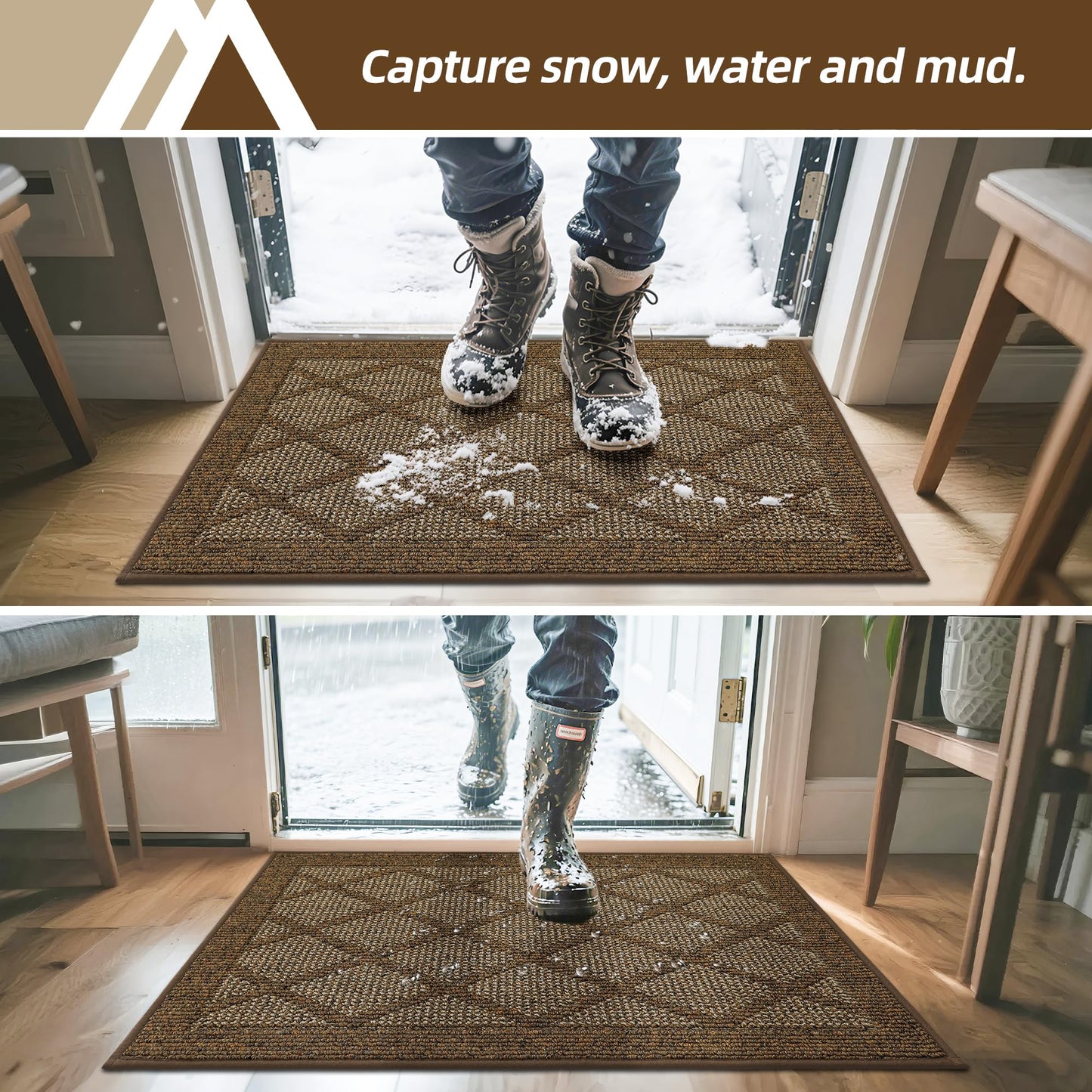 COSY HOMEER Non-Slip Door Mat 20"x32", Entryway Rugs Low Profile Absorbent Dirt Trapper Doormat for Front Entrance, Washable Polypropylene Entry Mat (Brown)