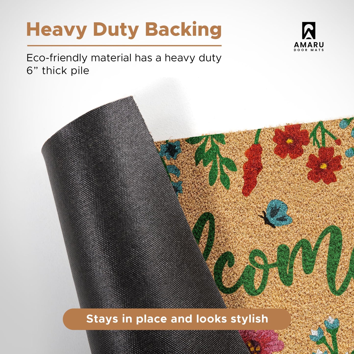 AMARU DOOR MATS - Coir Welcome Mat, Non-Slip, Floral, 17 x 29 in