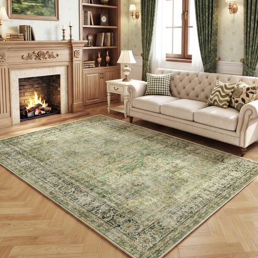Beauoop 5x7 Green Washable Area Rug Vintage Distressed Oriental Non Slip Low Pile Neutral Indoor Carpet for Living Room Bedroom Soft Retro Thin Large Rug for Dining Nursery Office Dorm