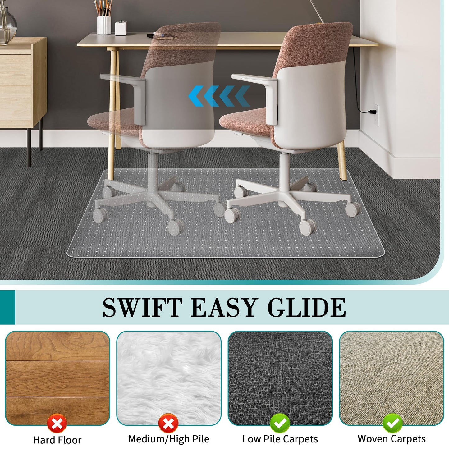 Office Chair Mat for Carpets, Clear Computer Desk Chair Mat for Low Carpeted Floors, Thick and Sturdy Carpet Protector, Easy Glide and Flat Without Curling (30" x 48" Rectangle)