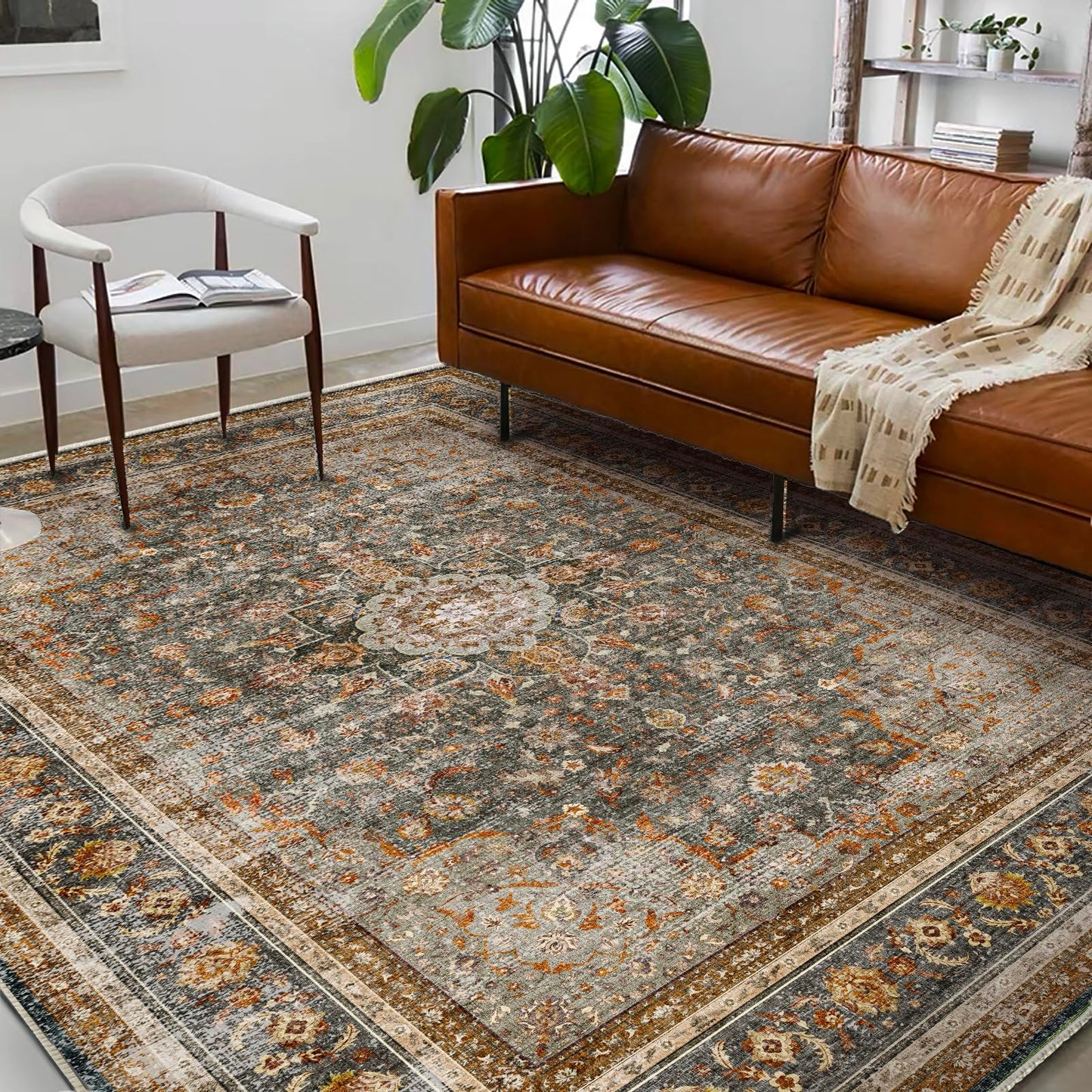 CHAMPLANT Washable Area Rug 8'x10' Retro Boho Design Non-Shedding Non-Slip Easy Care Ideal for High Traffic Areas in Living Room Bedroom Office Coffee Table Kitchen Large Carpet