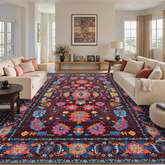 Kokia 9x12 Area Rug, Burgundy/Fuchsia/Orange Soda, Rectangular, Low Pile, Machine Made, Floral, Non-Slip, Washable, Stain-Resistant, Indoor, Home/Area Rugs