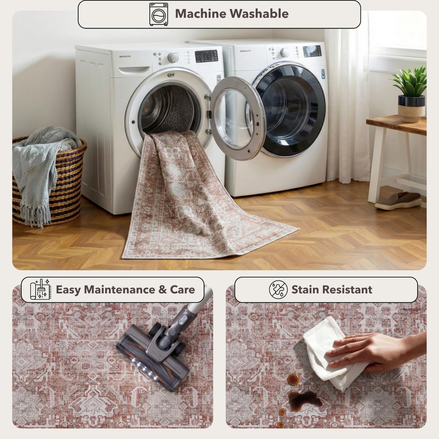 Kuden 4x6 Area Rug, Machine Washable Area Rug with Non-Slip Backing, Vintage Style, Soft, Easy Clean, Low Pile Rug for Living Room, Bedroom, Dining Room