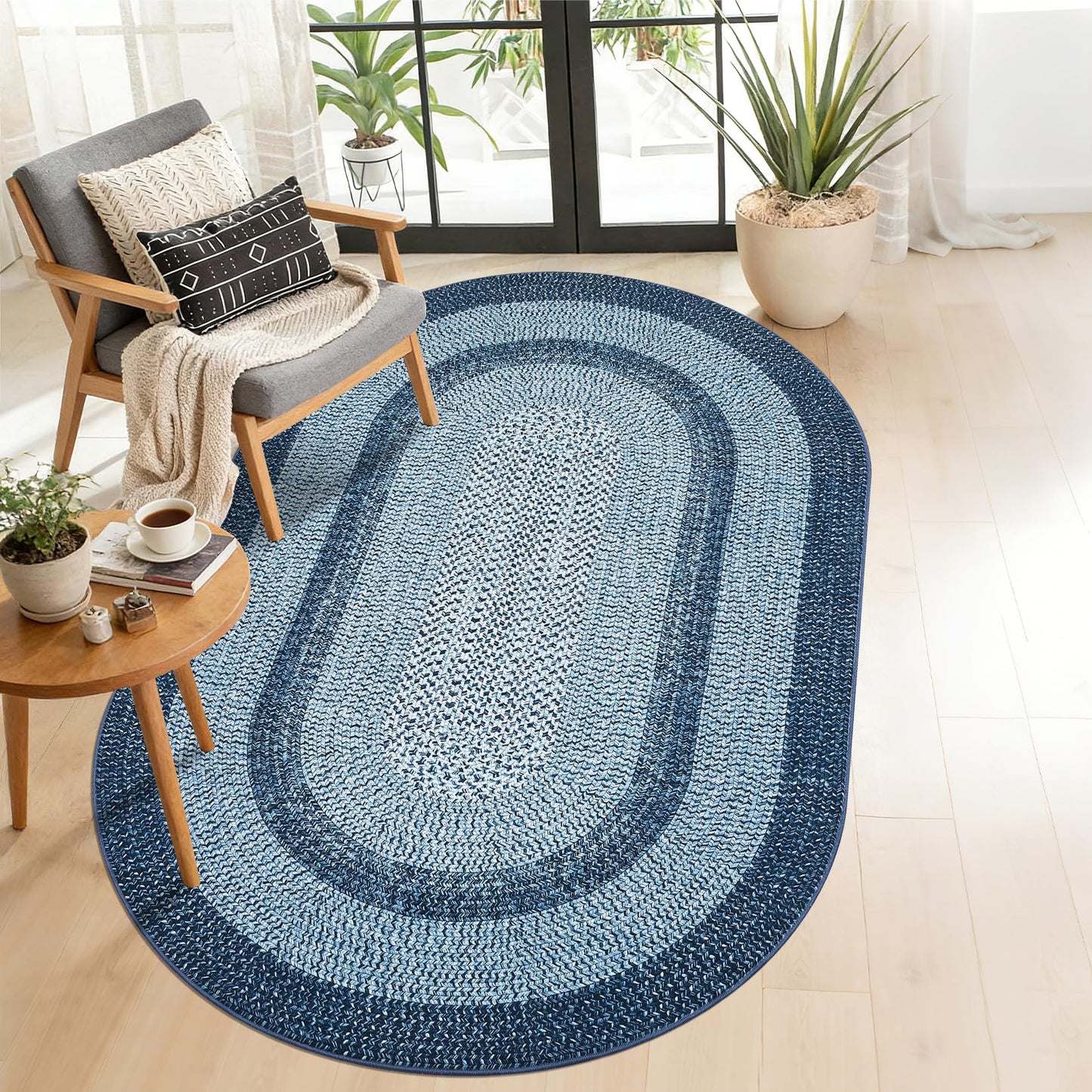 5x8 Oval Living Room Area Rug Washable Modern Border Bedroom Bedside Area Rugs Non Slip Low Pile Dining Room Oval Throw Carpet Contemporary Rugs for Living Room Kitchen Nursery, Blue