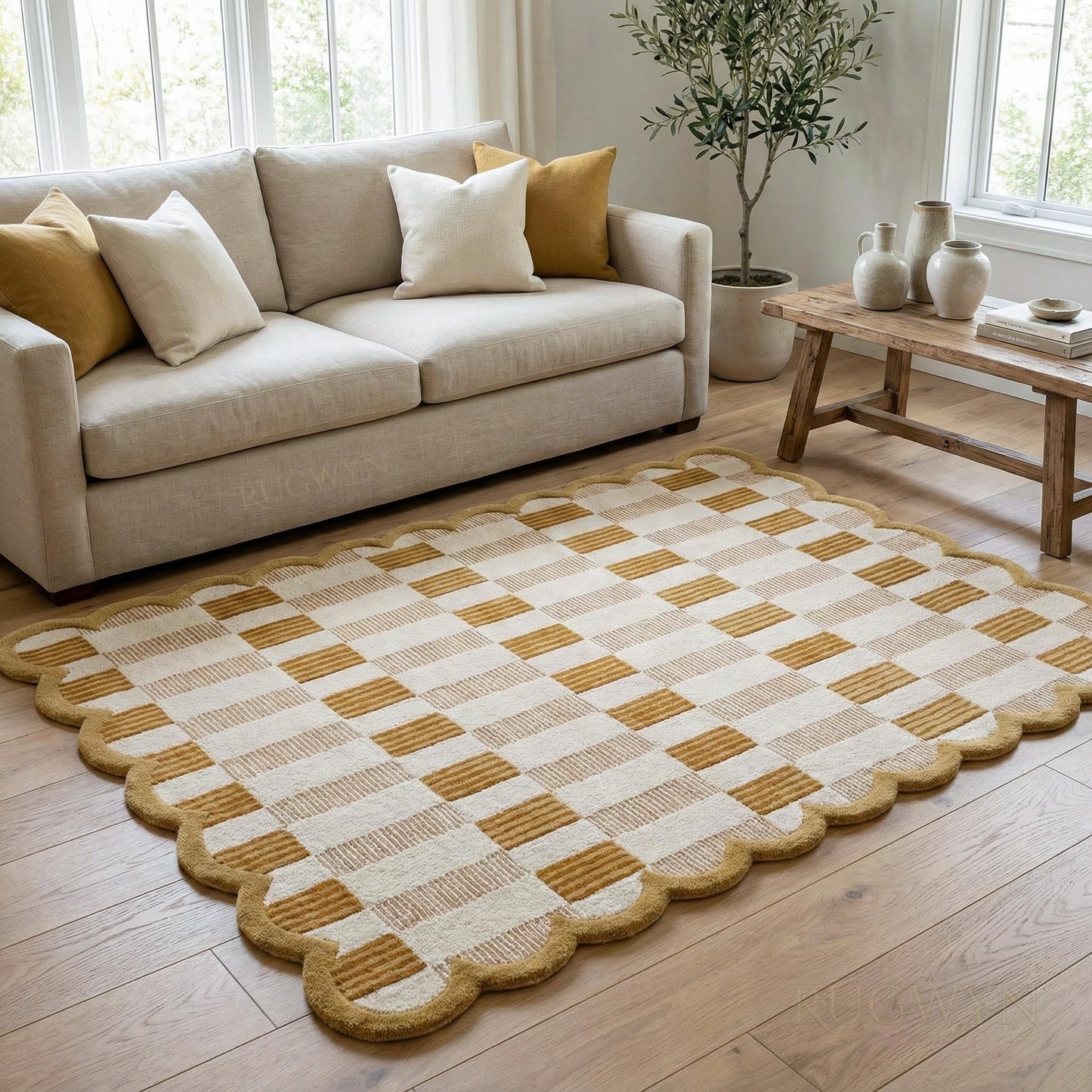 RUGWYN Hand-Tufted Scalloped Wool Area Rug, Modern Plaid Checkered Pattern, Soft & Durable Cozy Accent Rug for Living Room, Bedroom & Nursery, Handmade Decorative Carpet (Neutral, 5' x 7')