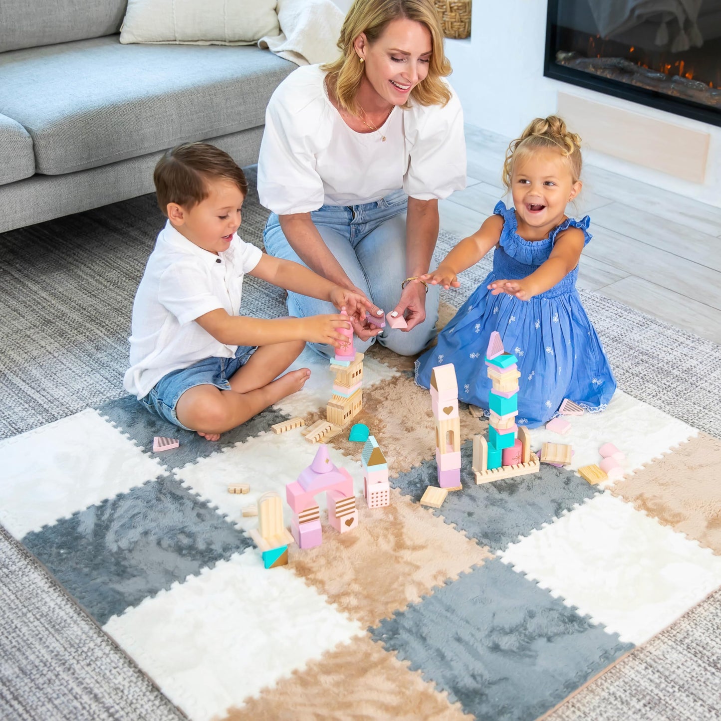 16 Piece Carpet Squares Puzzle Mat 49" x 49" Plush Interlocking Carpet Tiles, Foam Floor Tiles Play Mat - Kids Soft Play Mats Anti Slip Jigsaw Flooring Playmat Playroom Rug (Brown,Gray,White)