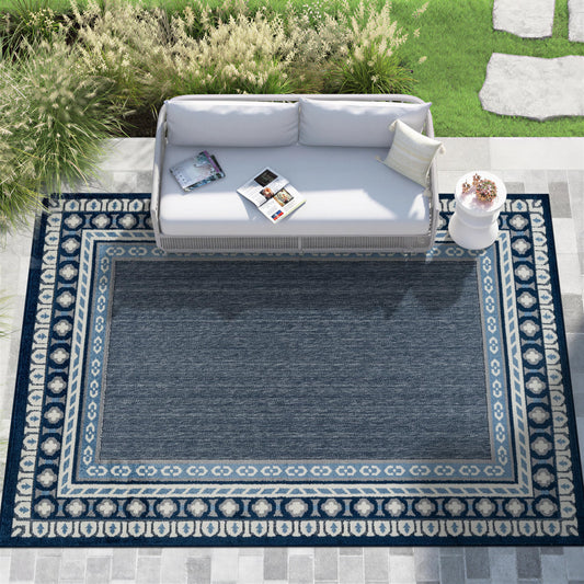 Rugshop Indoor/Outdoor High-Low Textured Area Rug, Coastal Border, Easy-Clean Patio Rug for Porch Deck Balcony 7' 10" x 10' Navy