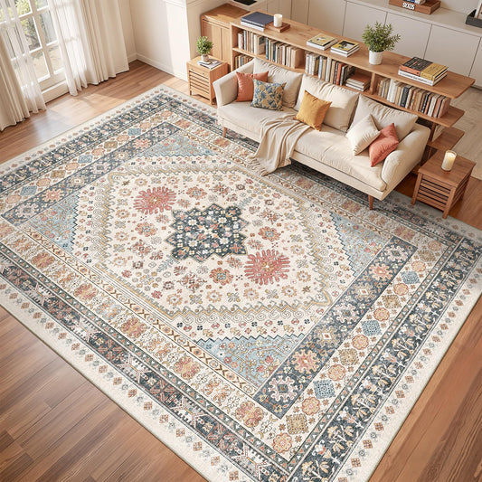 Restydon Washable Rugs 8x10 Area Rugs for Living Room, Non-Slip Backing Large Rug for Nursery Room, Vintage Floral Bedroom Rugs, Thin Indoor Home Decor Soft Farmhouse Rug (Blue/Red/Multi,8'x10')