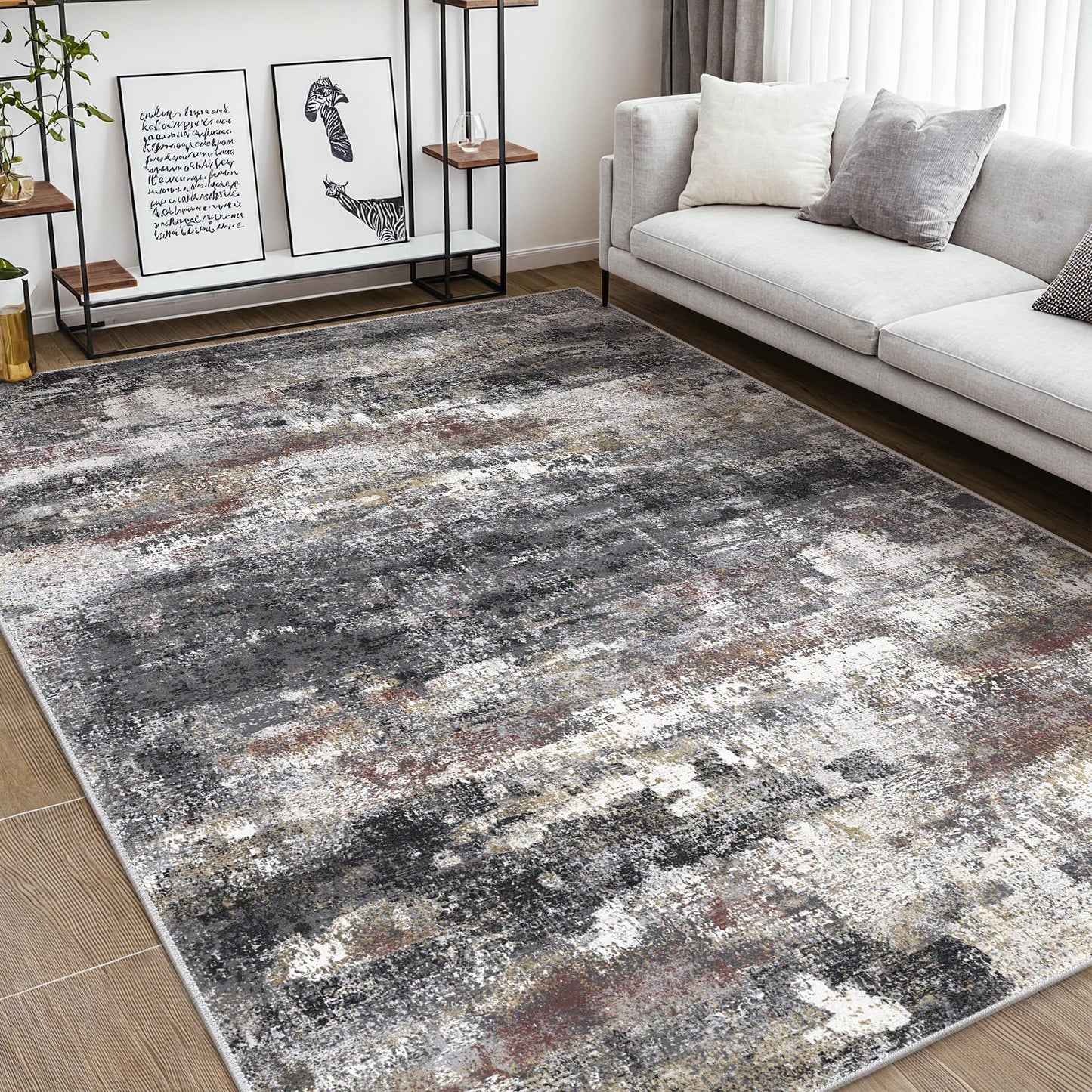 BEIMO Area Rugs 5x7 for Living Room Bedroom, Modern Abstract Machine Washable Soft Dark Gray Rug, Floor Carpet with Non Slip Backing for Dining Room