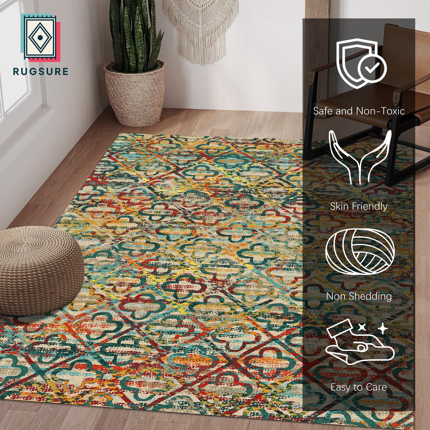 RUGSURE Washable Area Rugs, 8' x 10' - 1/6 Thick - Stain & Water Resistant Non-Slip - Perfect Resistant Rug for Living Room, Bedroom, Nursery, Pet & Child Friendly, Vibrant Colors Rugs, Multicolor