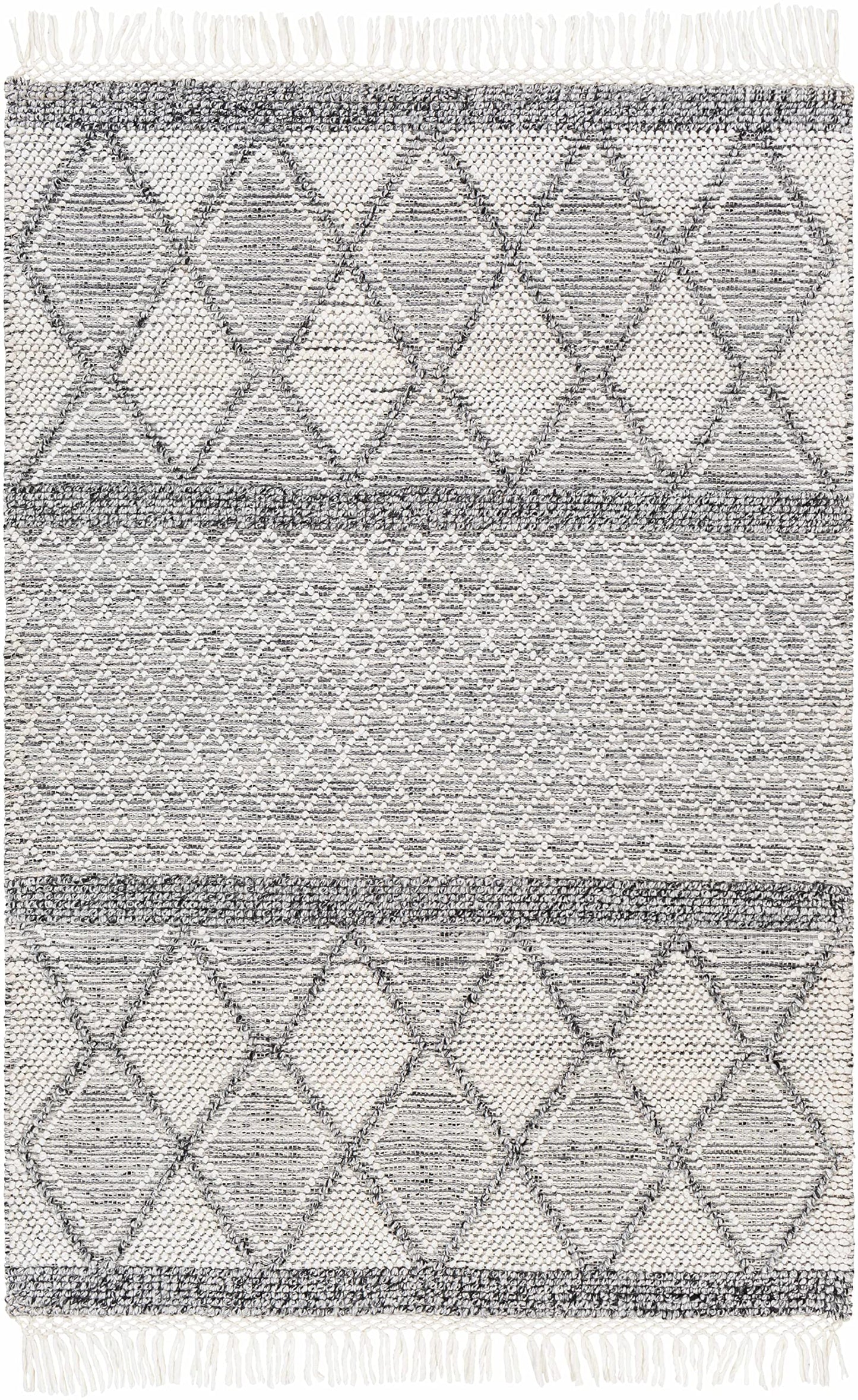 Hauteloom Rehn Recycled Material Area Rug - Geometric Diamond Trellis Striped Triangle - Bohemian Transitional Boho Moroccan Tribal - White, Black, Light Slate, Gray, Cream - 27" x 45"