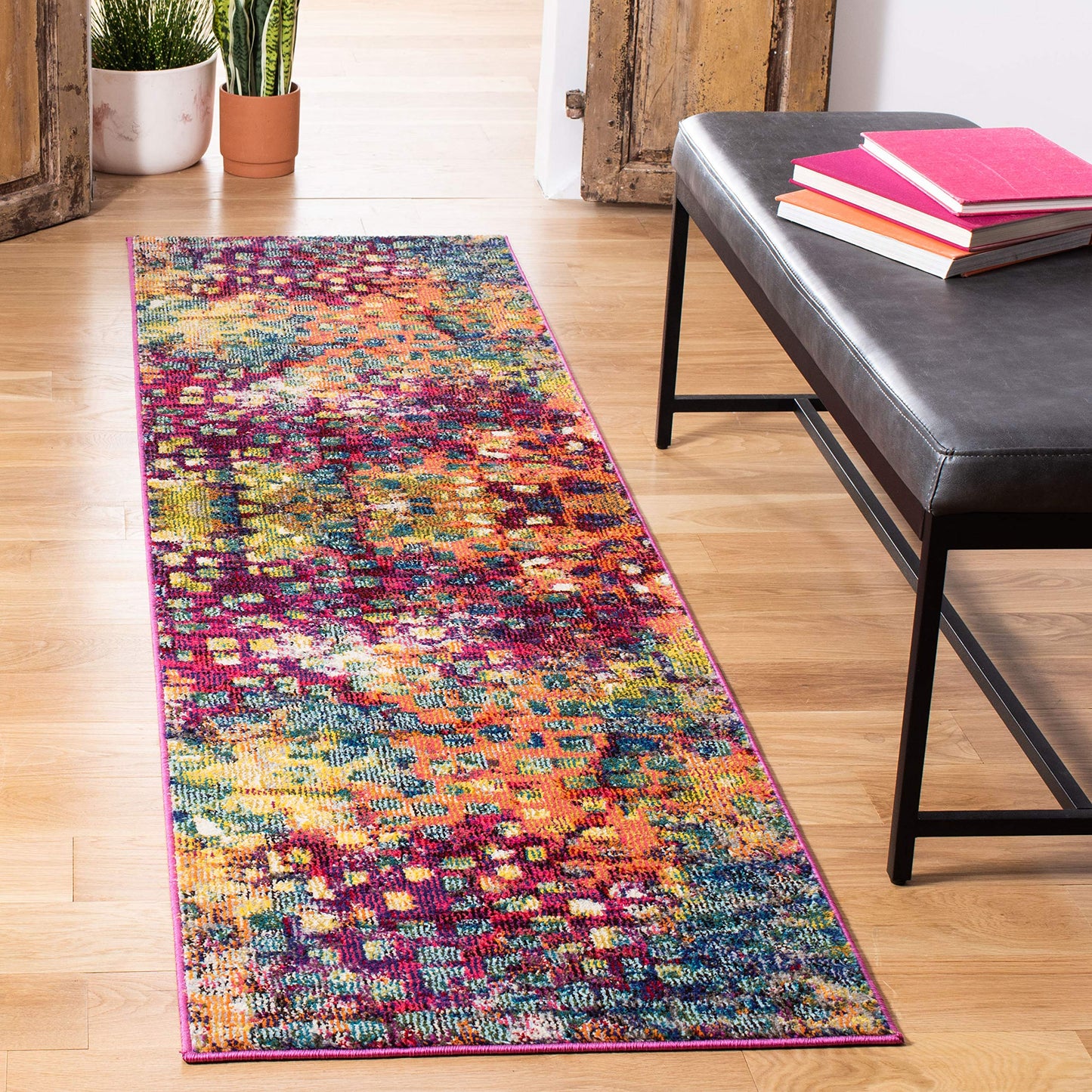 SAFAVIEH Monaco Collection Runner Rug - 2'3" x 16', Pink & Multi, Boho Chic Abstract Watercolor Design, Non-Shedding & Easy Care, Ideal for High Traffic Areas in Living Room, Bedroom (MNC225D)