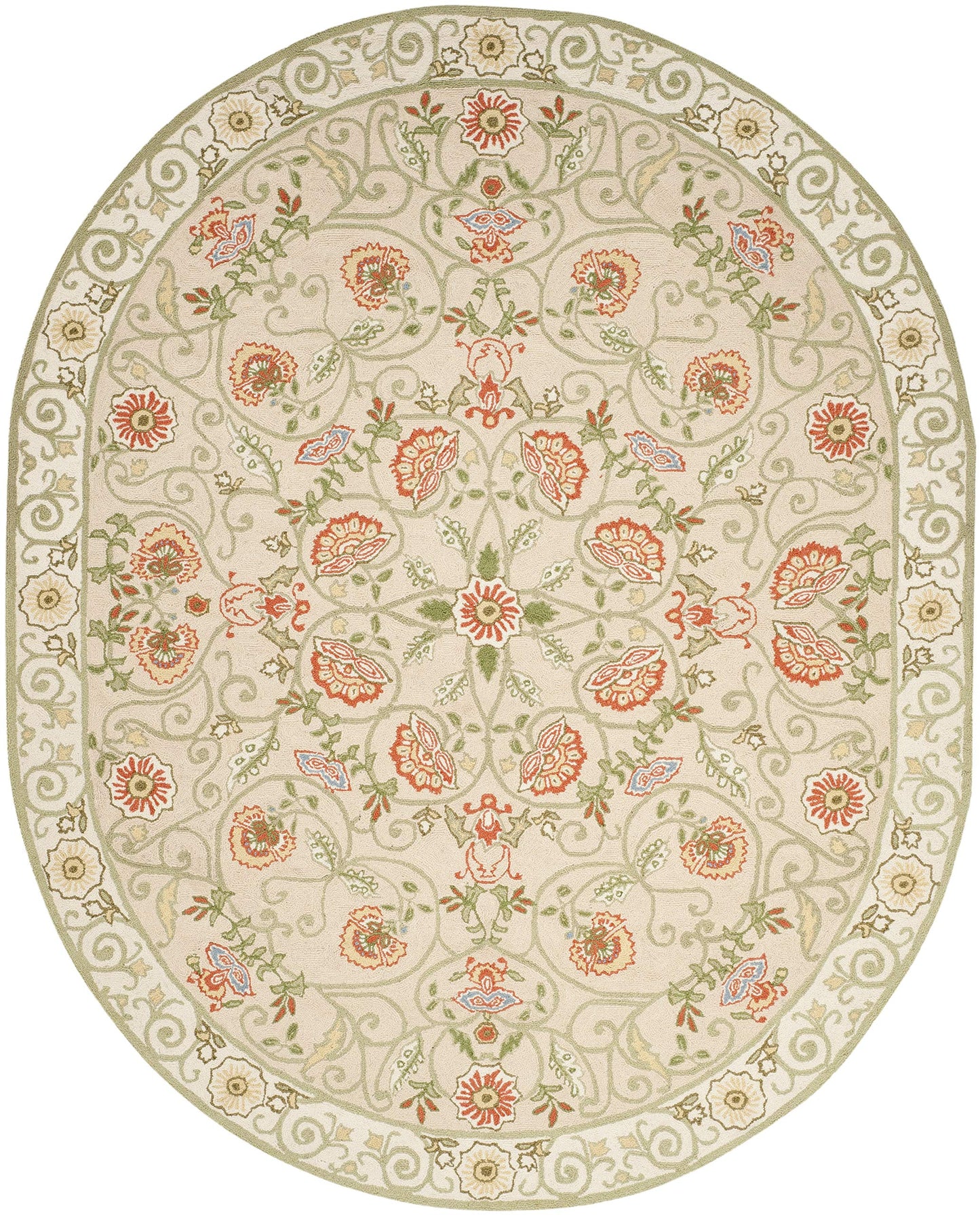 SAFAVIEH Chelsea Collection Area Rug - 7'6" x 9'6" Oval, Beige & Green, Hand-Hooked French Country Wool, Ideal for High Traffic Areas in Living Room, Bedroom (HK330A)
