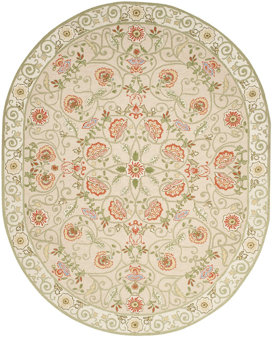 SAFAVIEH Chelsea Collection Area Rug - 7'6" x 9'6" Oval, Beige & Green, Hand-Hooked French Country Wool, Ideal for High Traffic Areas in Living Room, Bedroom (HK330A)