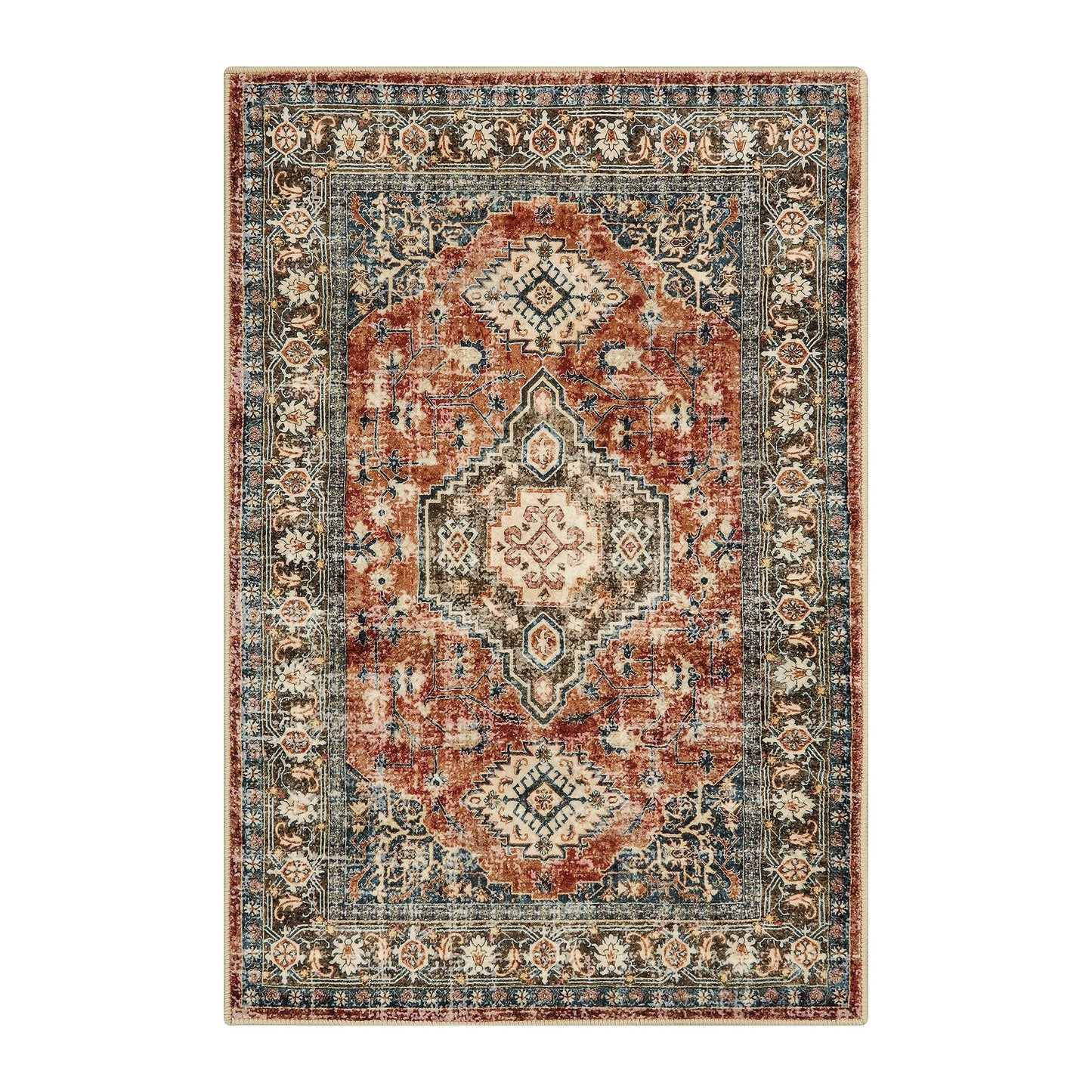 Lahome Oriental Washable Small Area Rug, 2x3 Rugs for Entryway Kitchen, Ultra-Thin Soft Indoor Door Mat Non Slip Throw Carpet for Bedroom Bathroom Eleanor, Brick Red