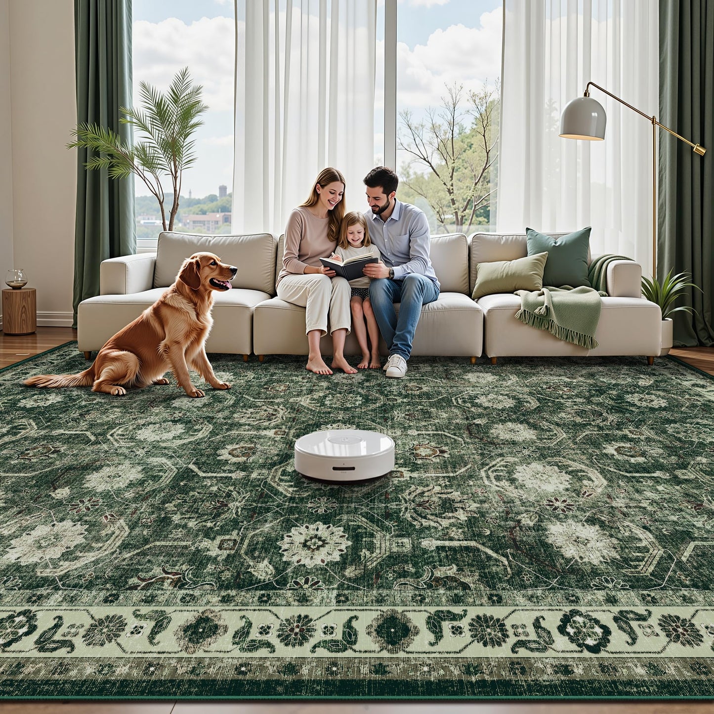 Woodbruy 6x6 Square Area Rug, Soft Non Slip Low Pile Washable Rug, Boho Modern Area Rug for Living Room，Bedroom, Laundry Room, Dark Green/Beige