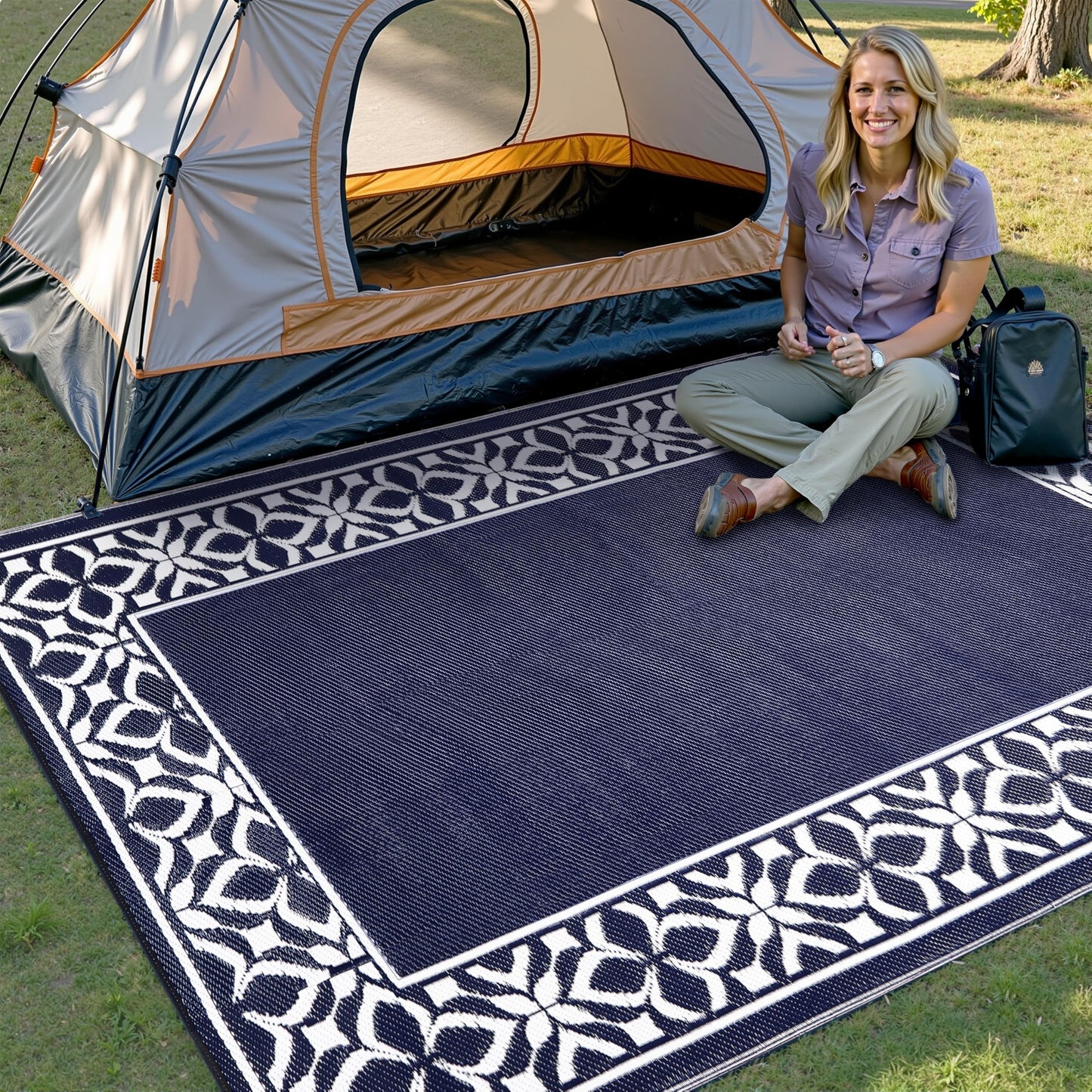 PureCozy Outdoor Plastic Straw Rug Navy Blue Large Outside Waterproof Outdoor Patio 5x8 Carpet Geometric Reversible Mat Modern for Camping RV Porch Deck Balcony Beach