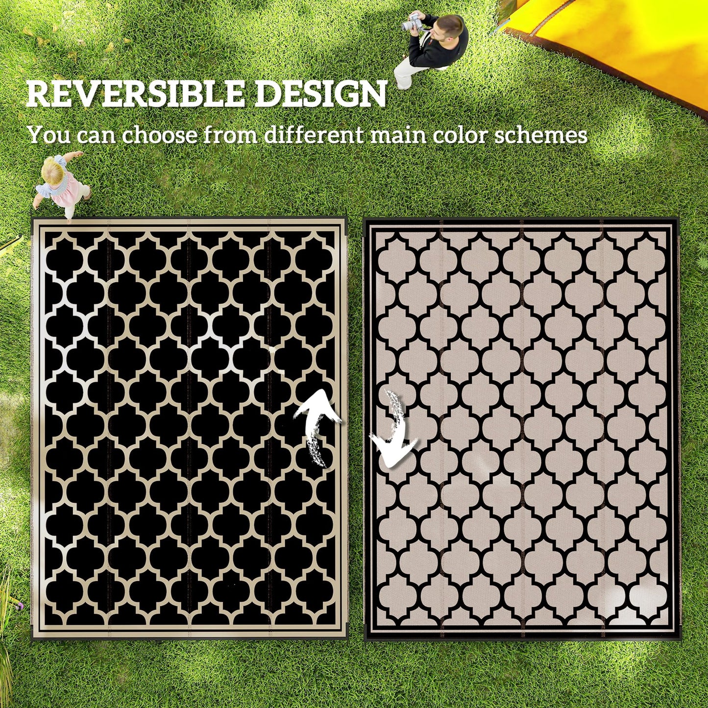 Outsunny Reversible Outdoor Rug, 9' x 12' Waterproof Plastic Straw Floor Mat, Portable RV Camping Carpet, Large Floor Mat for Backyard, Deck, Picnic, Beach, Black & Beige