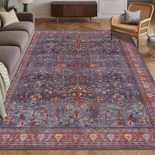 Washable Area Rug 5' x 7' Vintage Traditional Persian Mat - Foldable Distressed Non-Slip Machine Washable Carpet for Living Room Bedroom Kitchen Home Decor - Indigo and Crimson